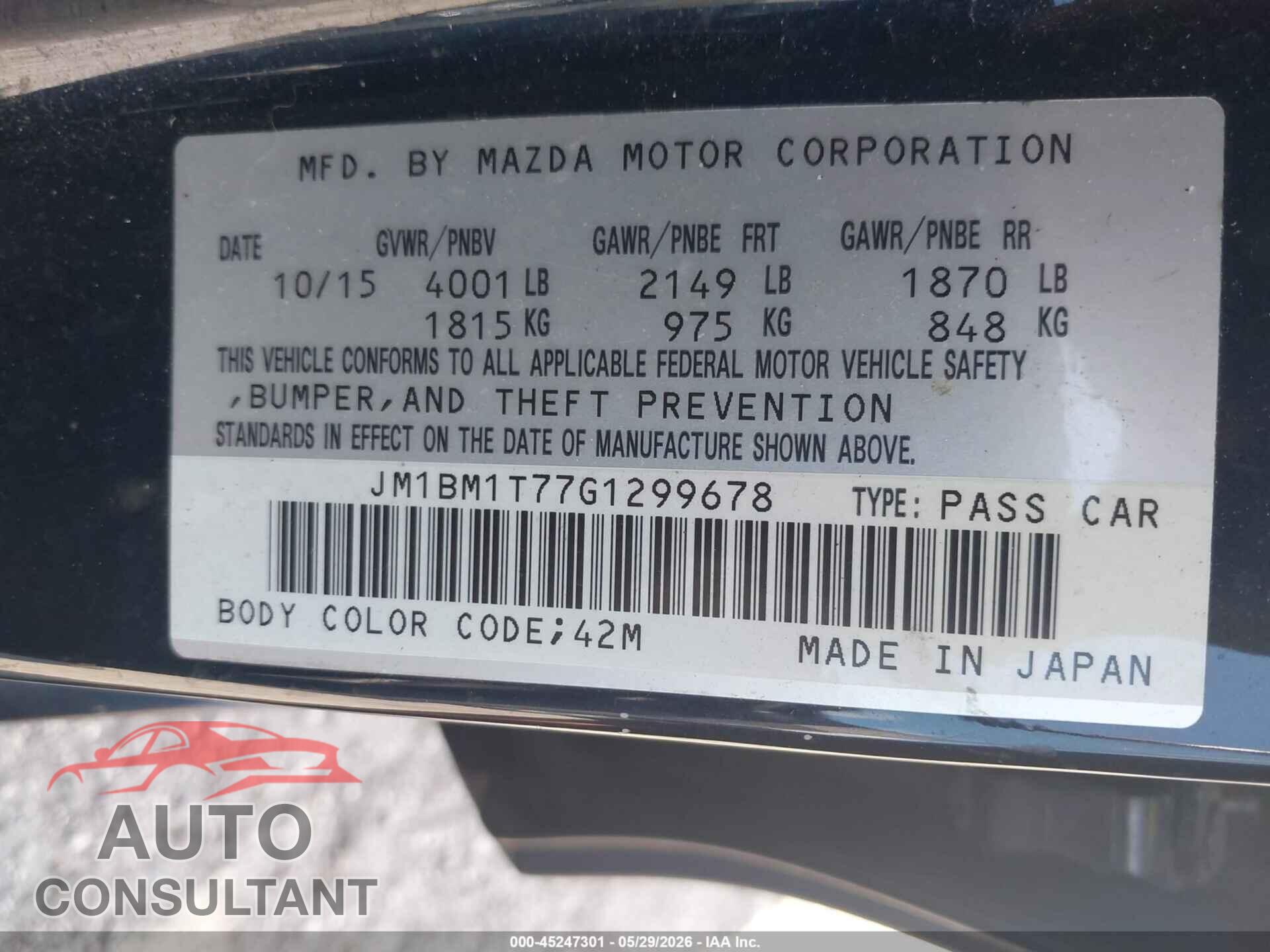 MAZDA MAZDA3 2016 - JM1BM1T77G1299678