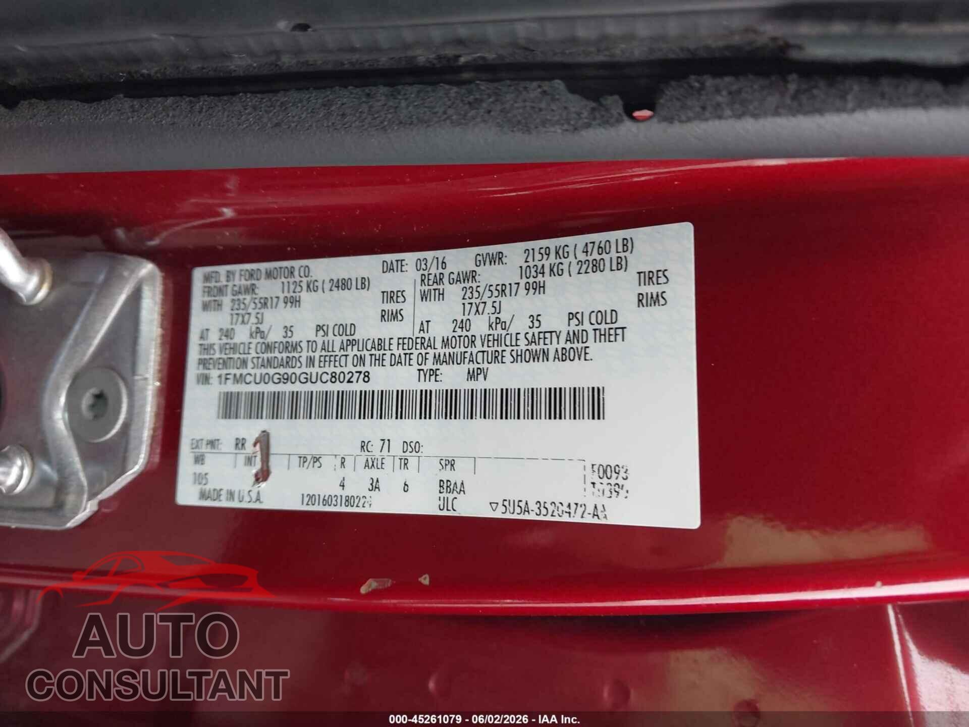 FORD ESCAPE 2016 - 1FMCU0G90GUC80278