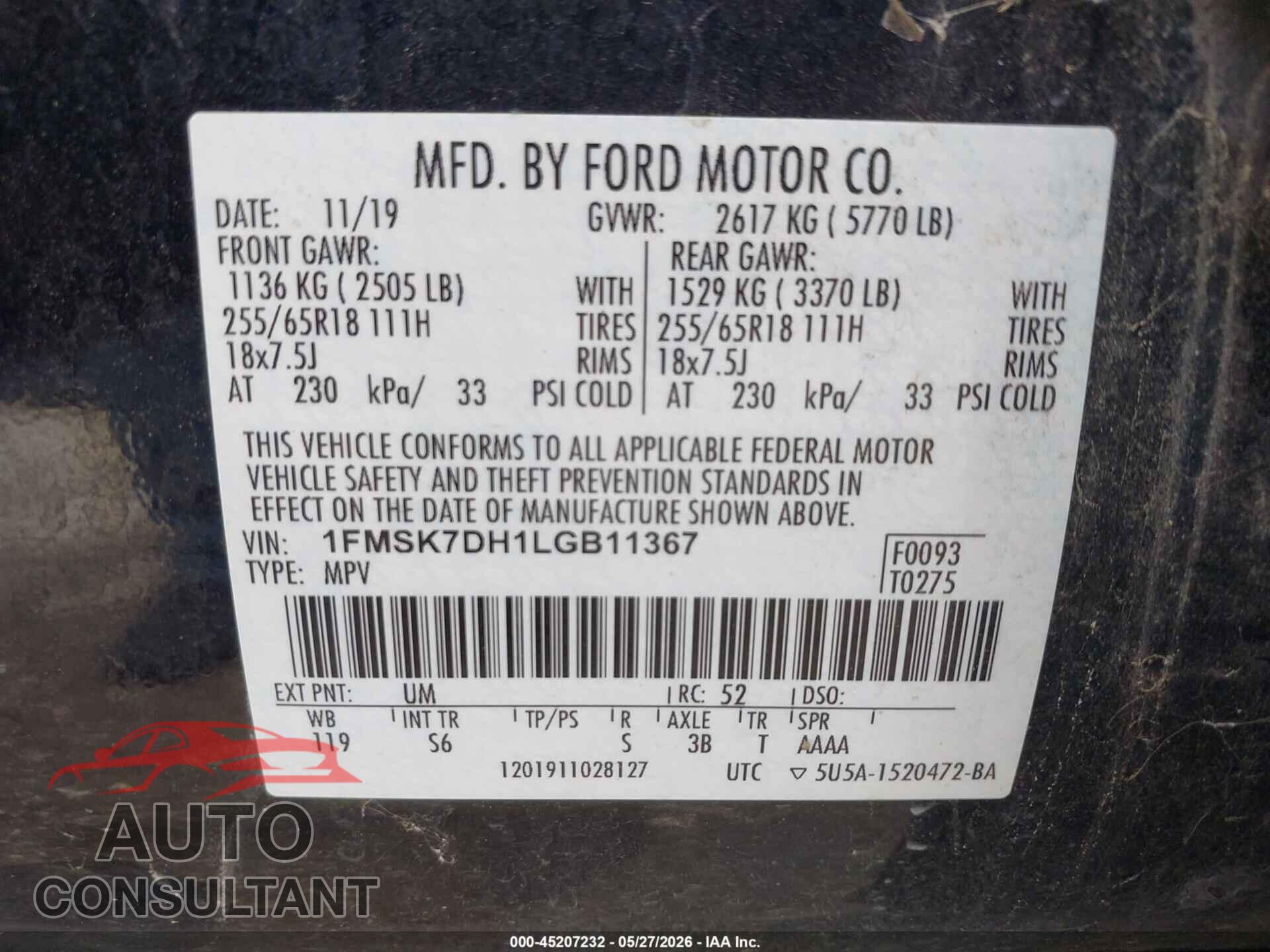 FORD EXPLORER 2020 - 1FMSK7DH1LGB11367