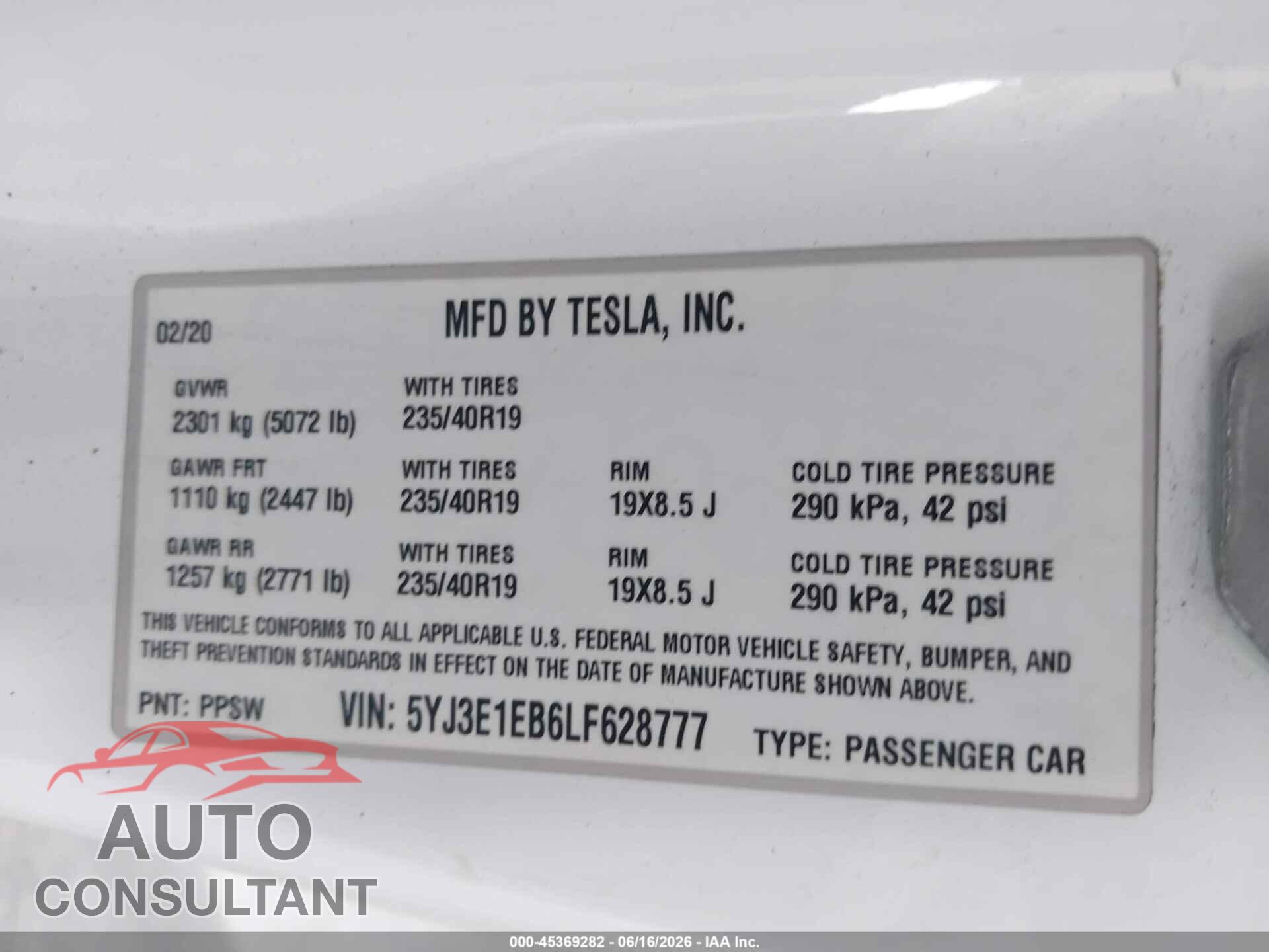 TESLA MODEL 3 2020 - 5YJ3E1EB6LF628777