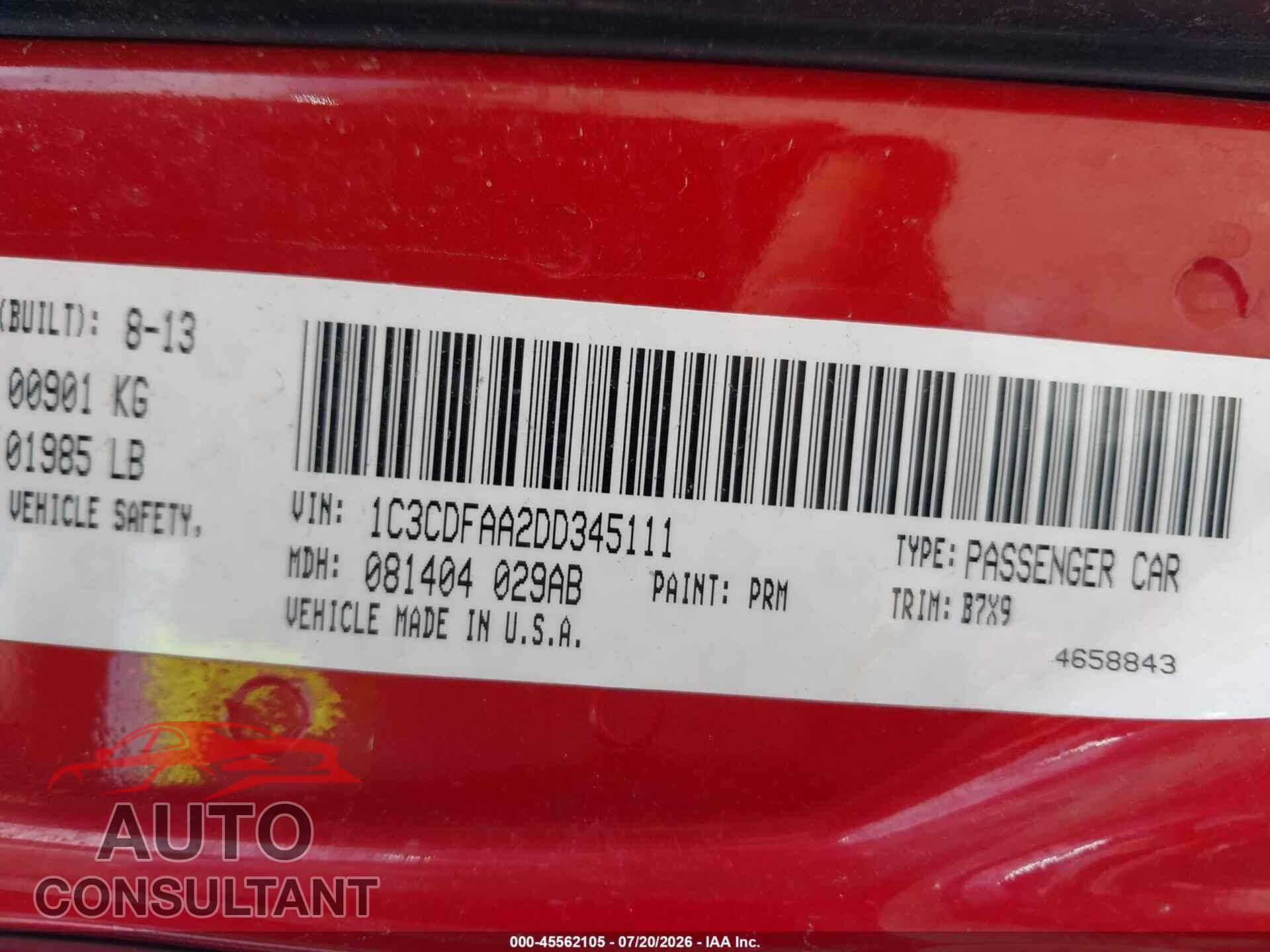 DODGE DART 2013 - 1C3CDFAA2DD345111