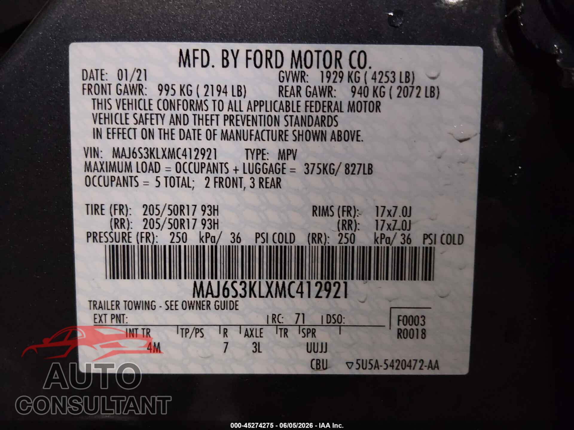 FORD ECOSPORT 2021 - MAJ6S3KLXMC412921