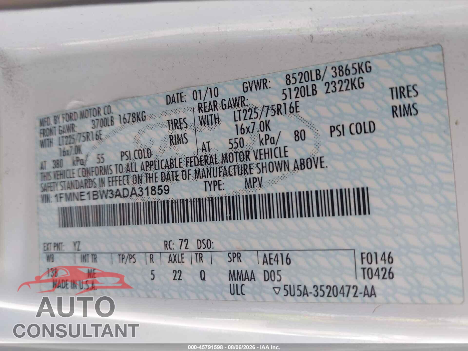 FORD E-150 2010 - 1FMNE1BW3ADA31859