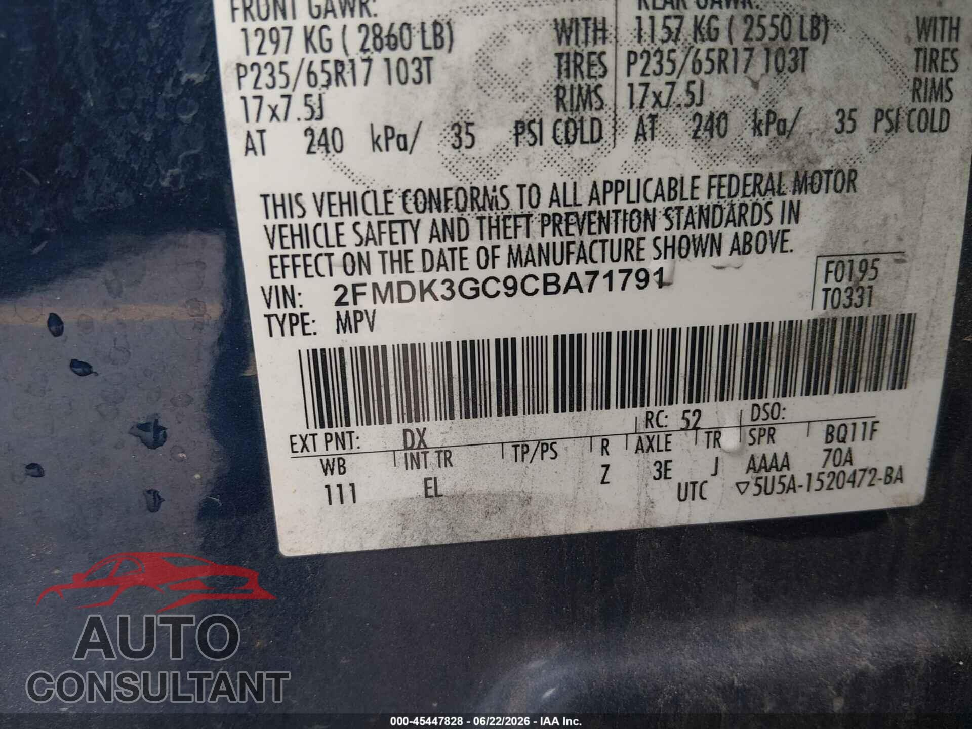 FORD EDGE 2012 - 2FMDK3GC9CBA71791