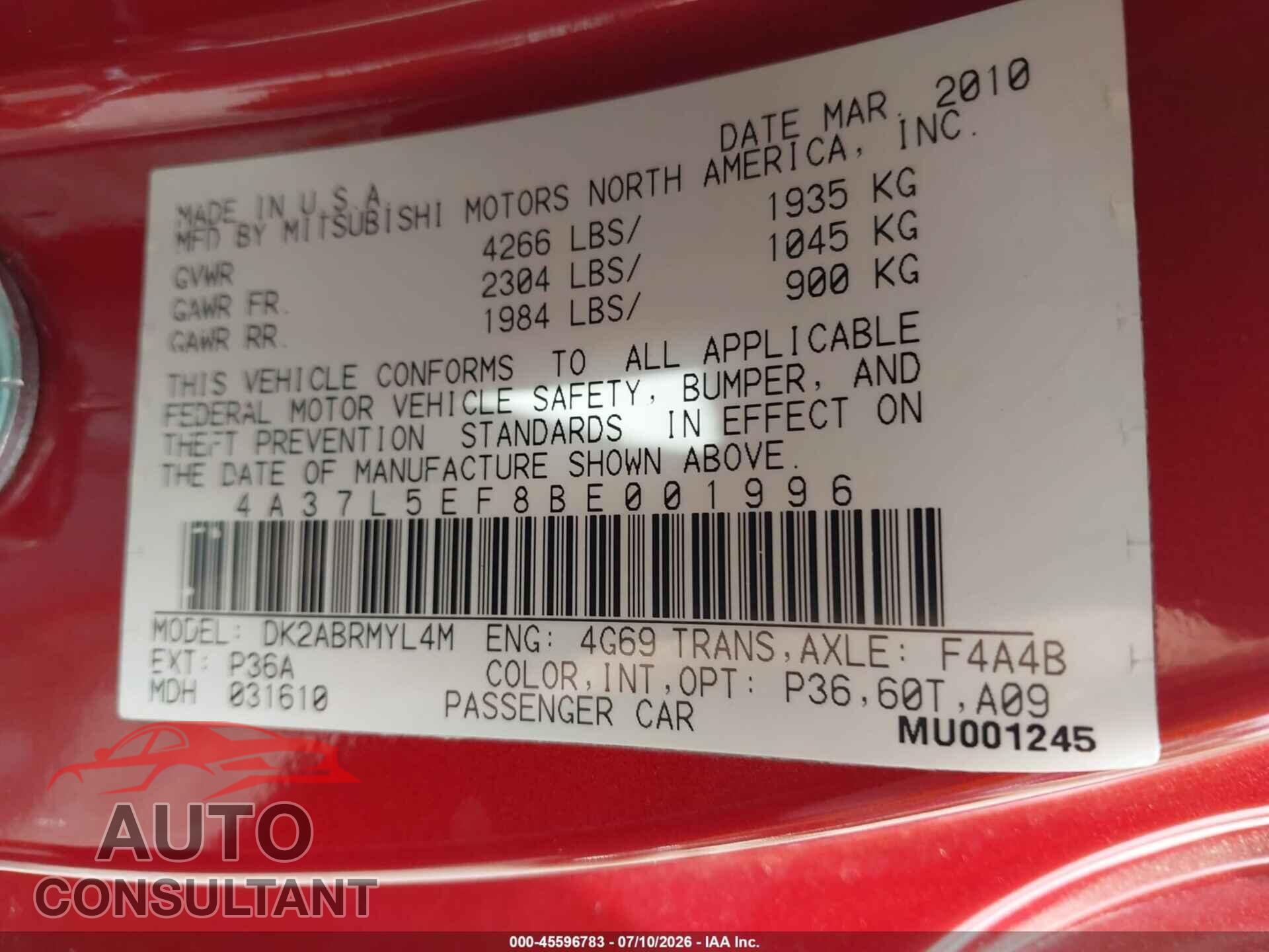 MITSUBISHI ECLIPSE 2011 - 4A37L5EF8BE001996
