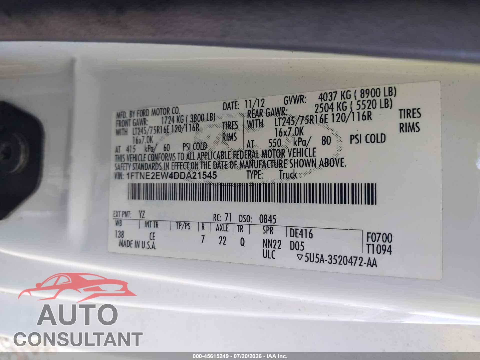 FORD E-250 2013 - 1FTNE2EW4DDA21545