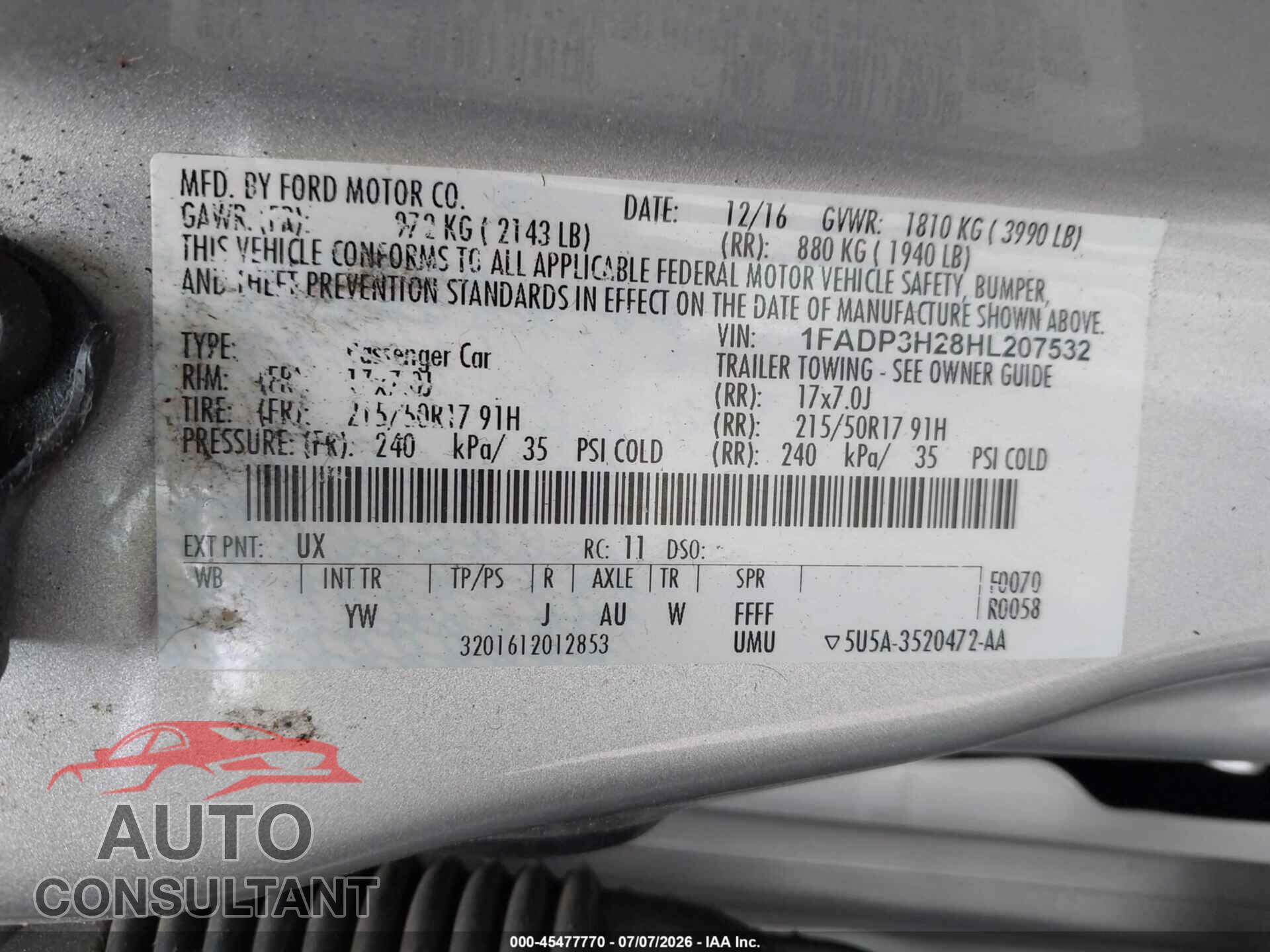 FORD FOCUS 2017 - 1FADP3H28HL207532