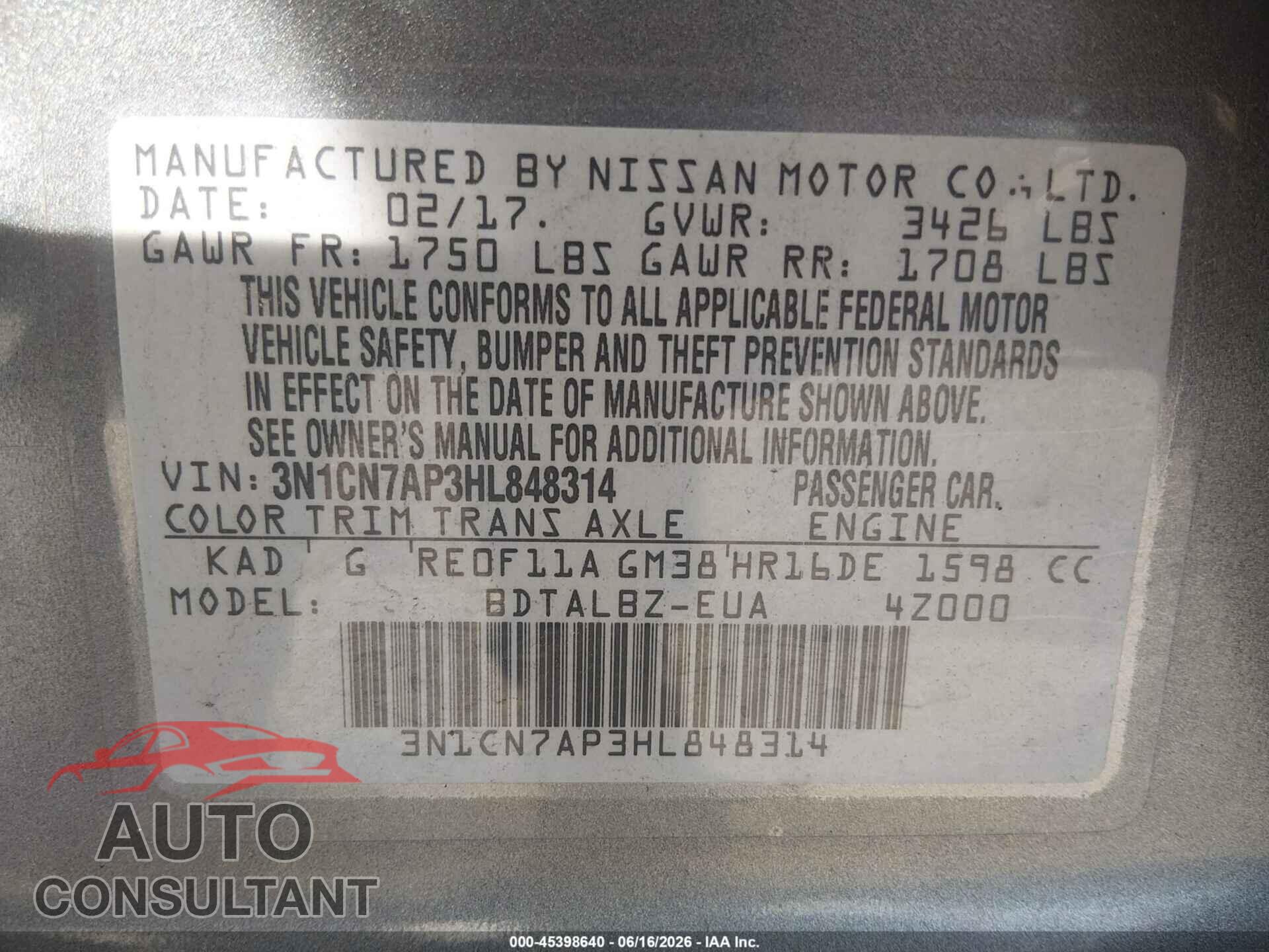 NISSAN VERSA 2017 - 3N1CN7AP3HL848314