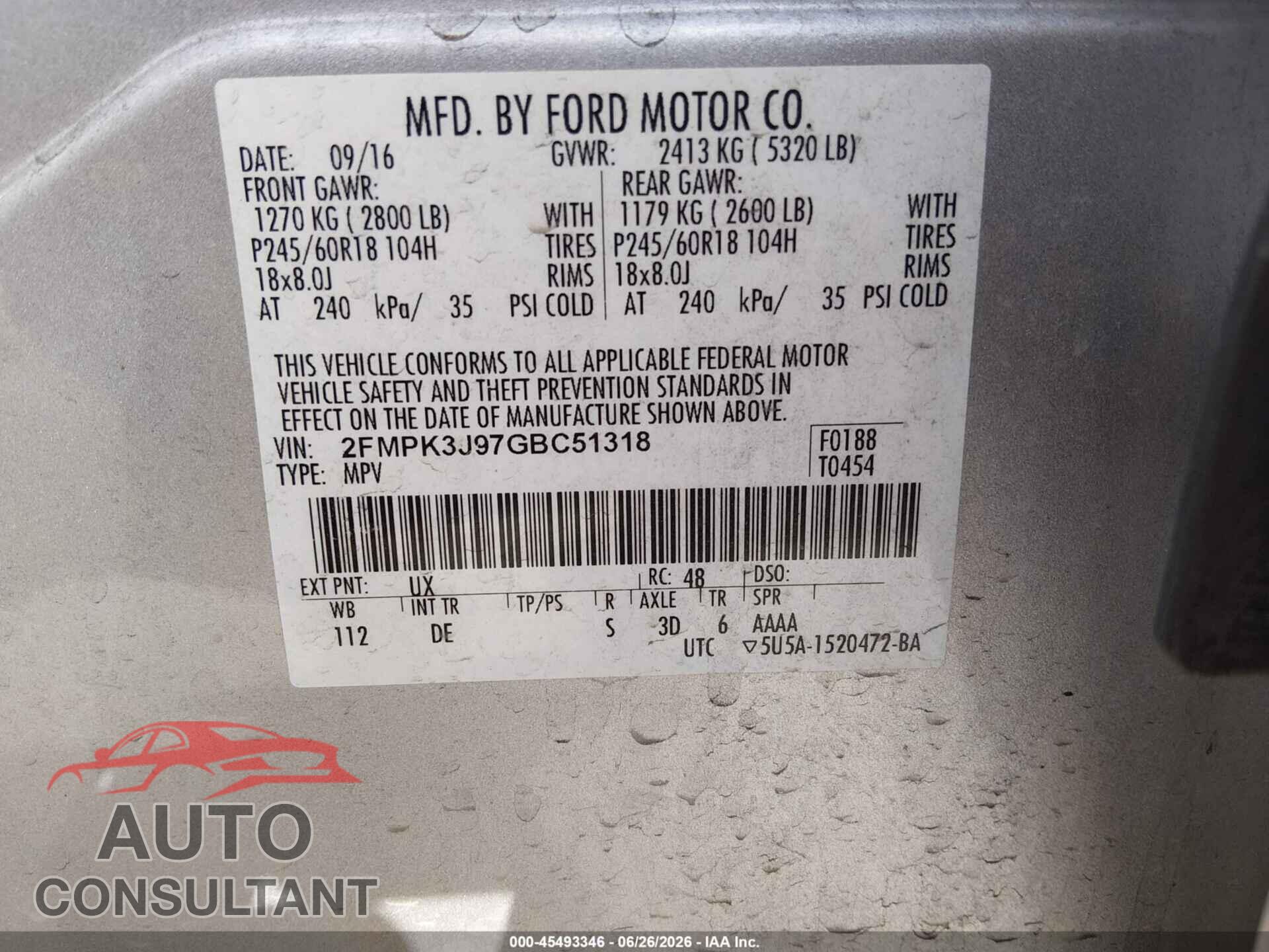 FORD EDGE 2016 - 2FMPK3J97GBC51318