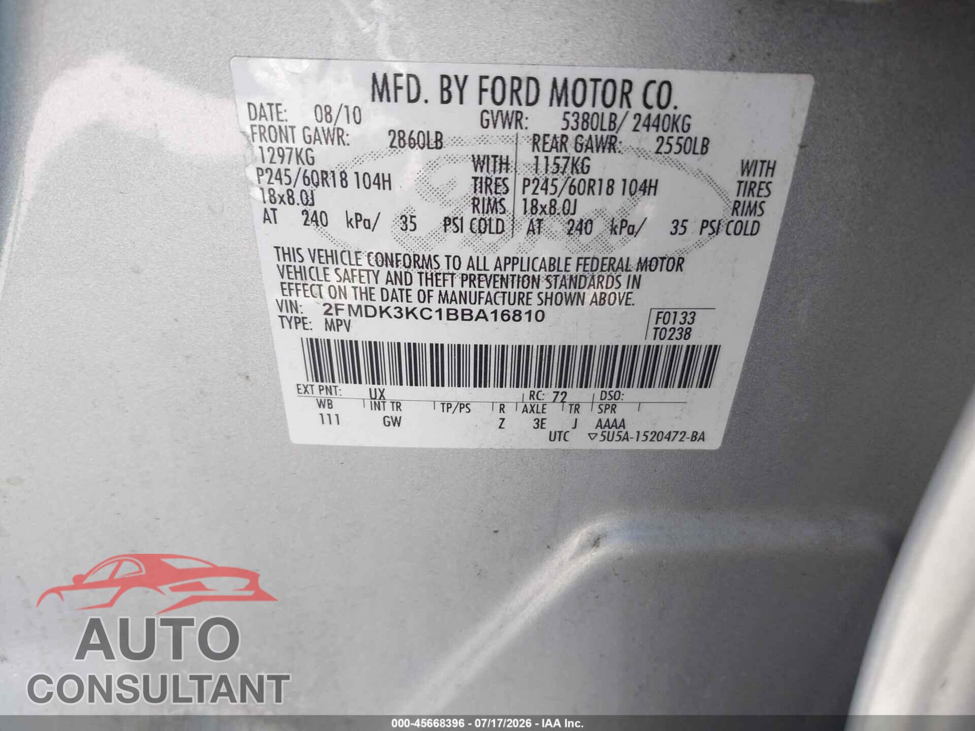 FORD EDGE 2011 - 2FMDK3KC1BBA16810