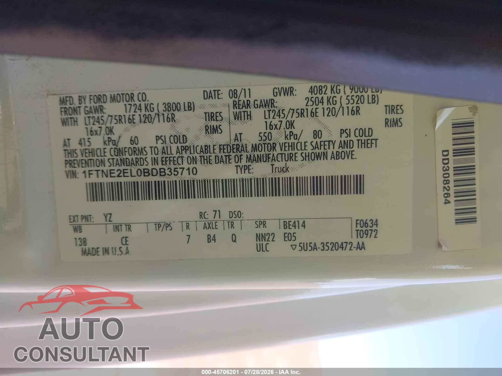 FORD E-250 2011 - 1FTNE2EL0BDB35710