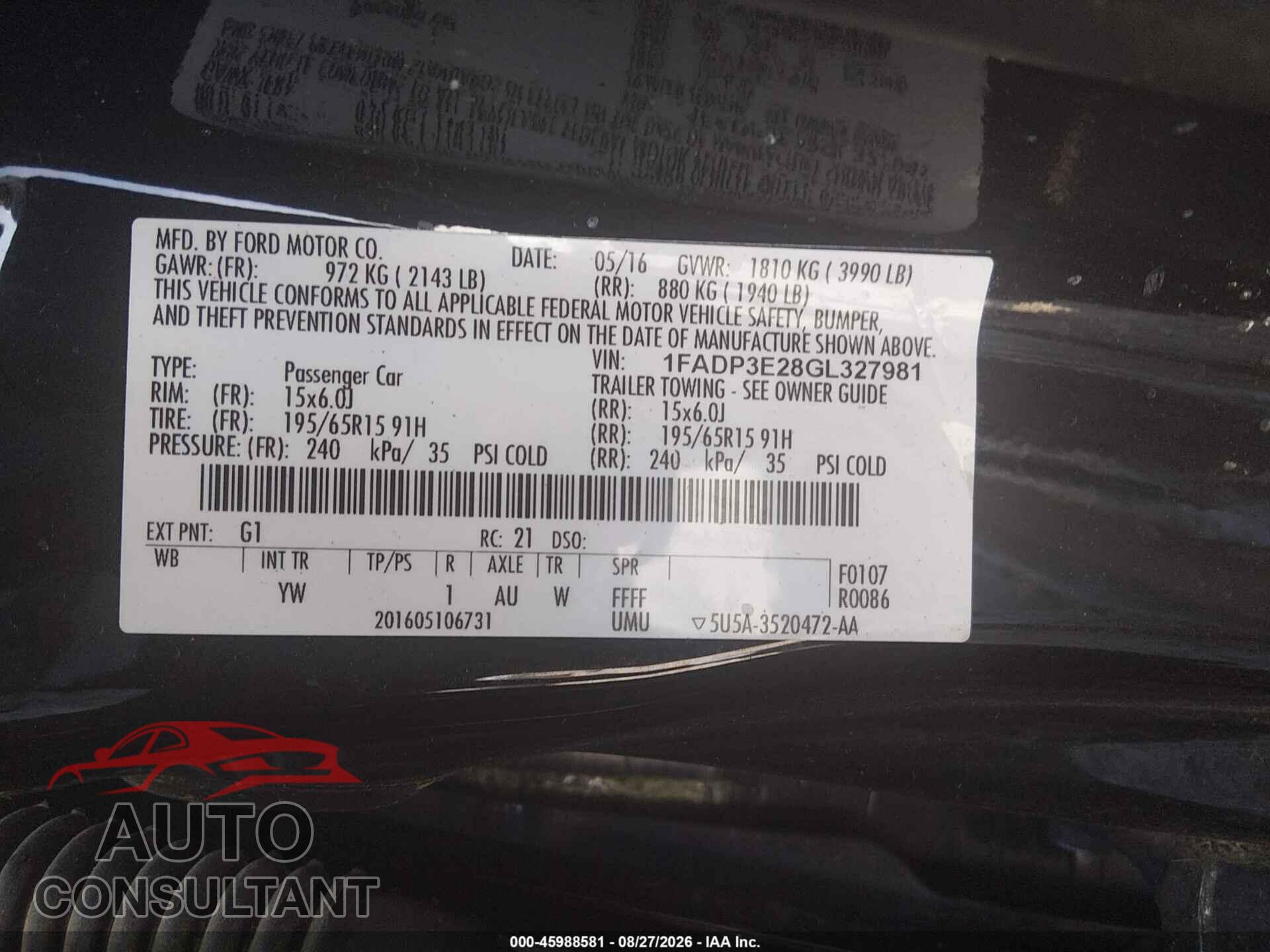 FORD FOCUS 2016 - 1FADP3E28GL327981