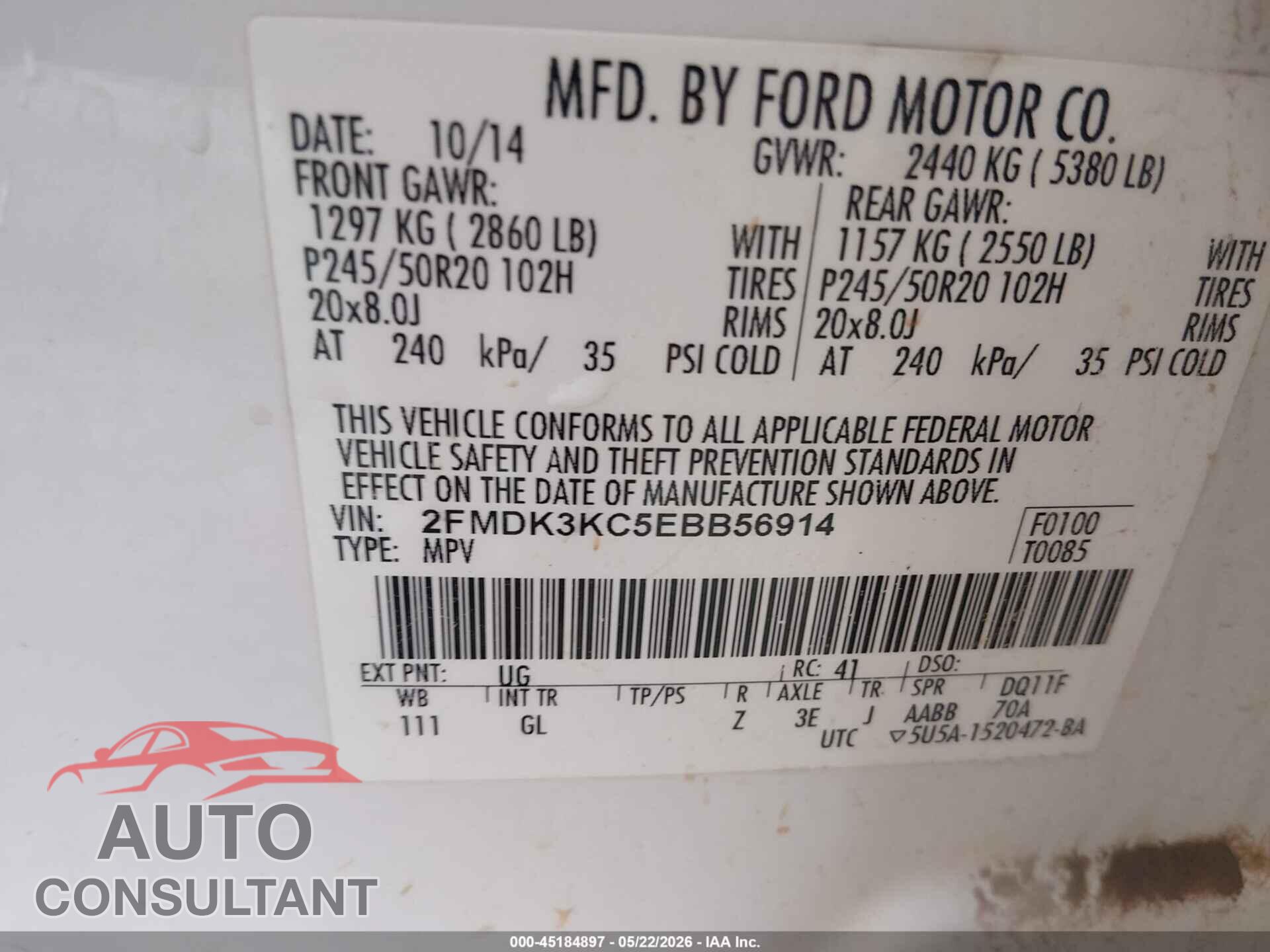FORD EDGE 2014 - 2FMDK3KC5EBB56914