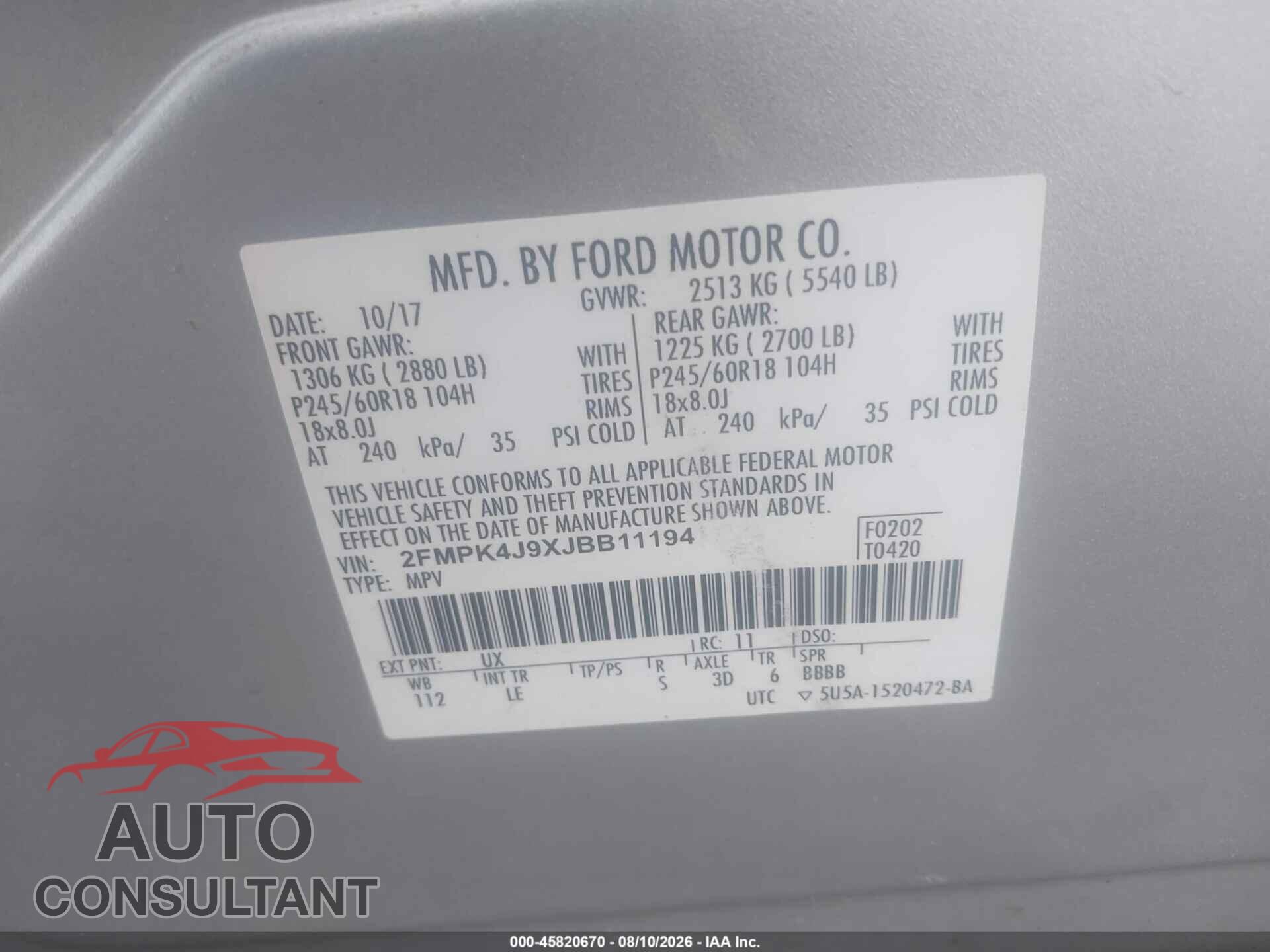 FORD EDGE 2018 - 2FMPK4J9XJBB11194