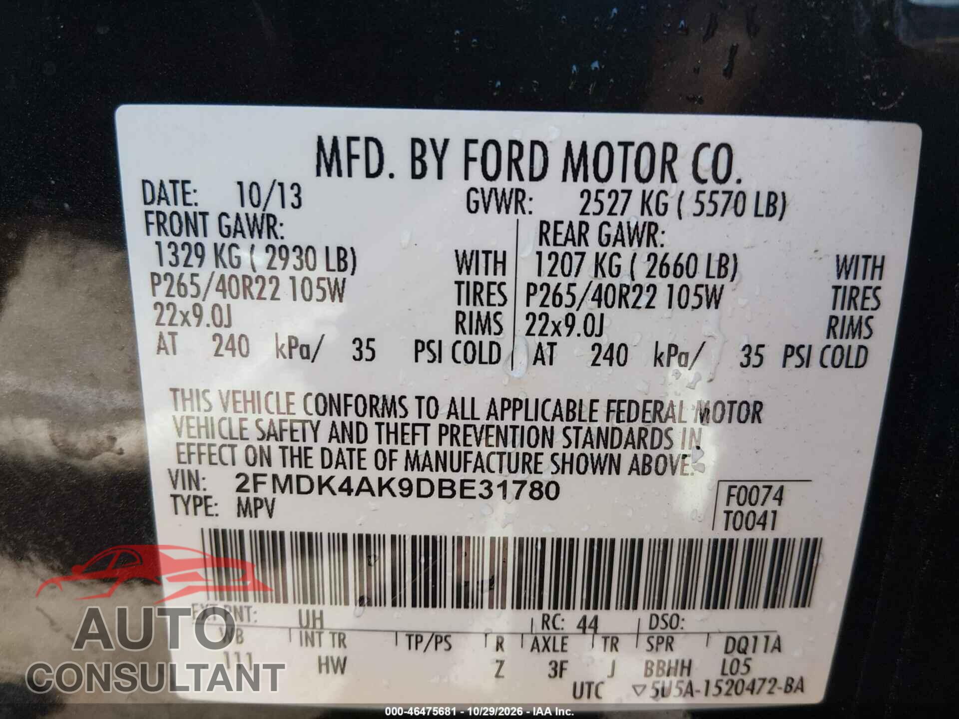 FORD EDGE 2013 - 2FMDK4AK9DBE31780