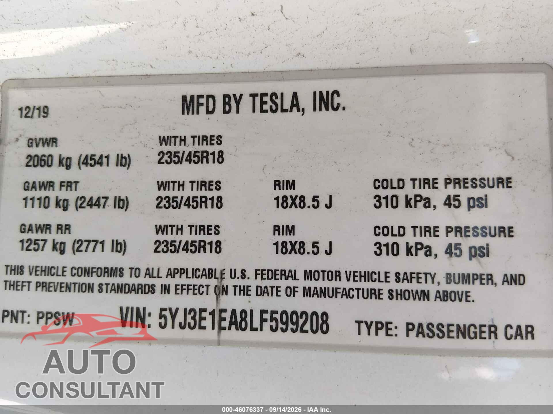TESLA MODEL 3 2020 - 5YJ3E1EA8LF599208