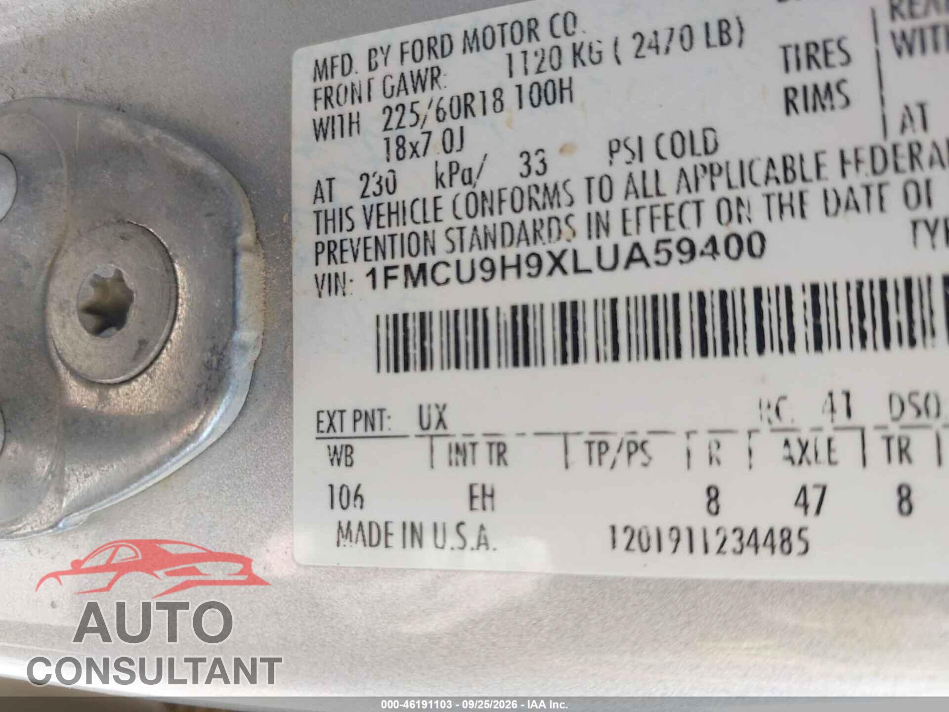FORD ESCAPE 2020 - 1FMCU9H9XLUA59400