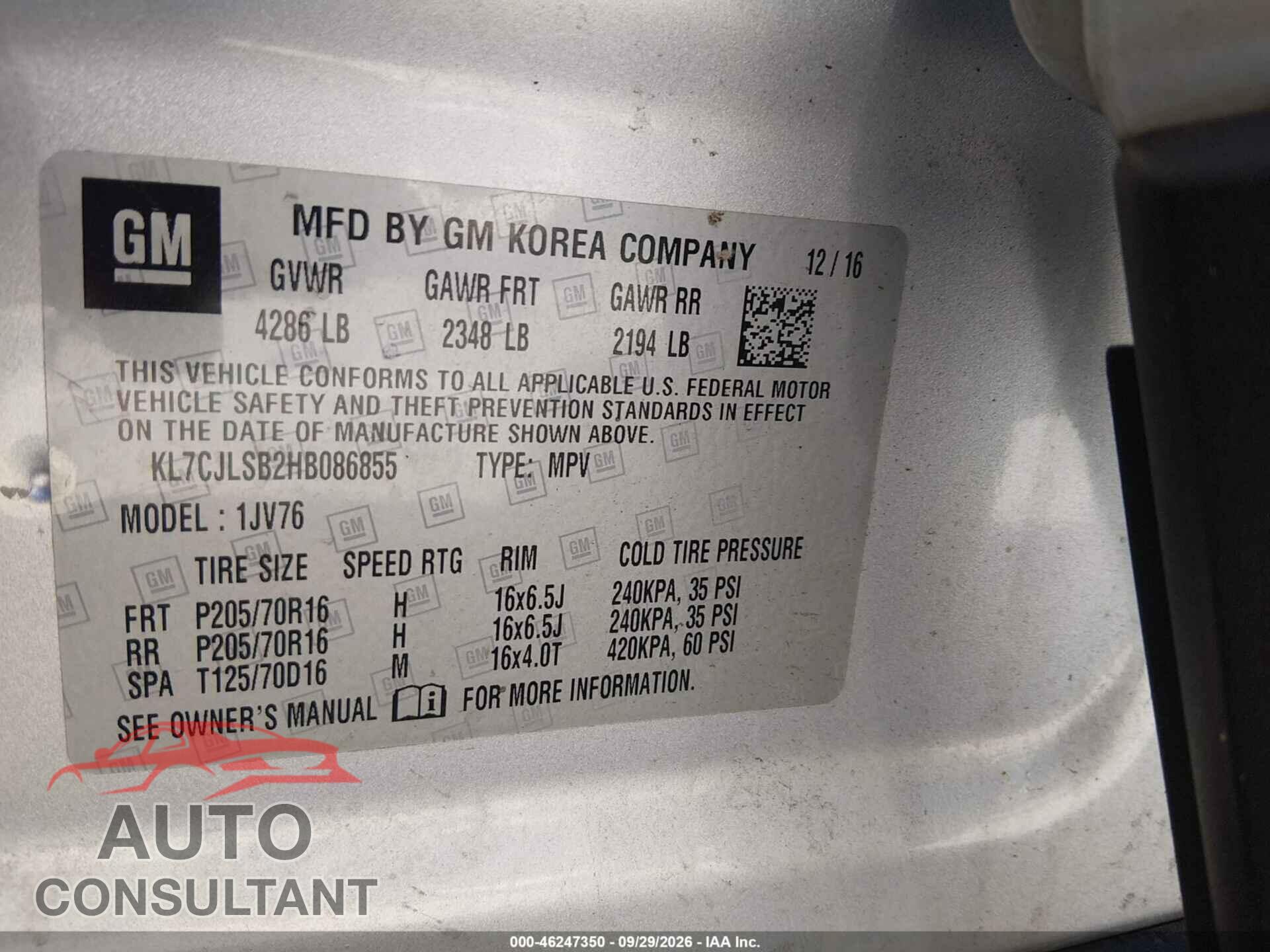 CHEVROLET TRAX 2017 - KL7CJLSB2HB086855