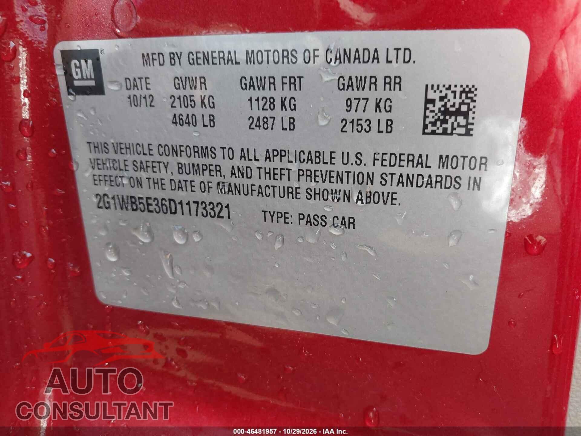 CHEVROLET IMPALA 2013 - 2G1WB5E36D1173321