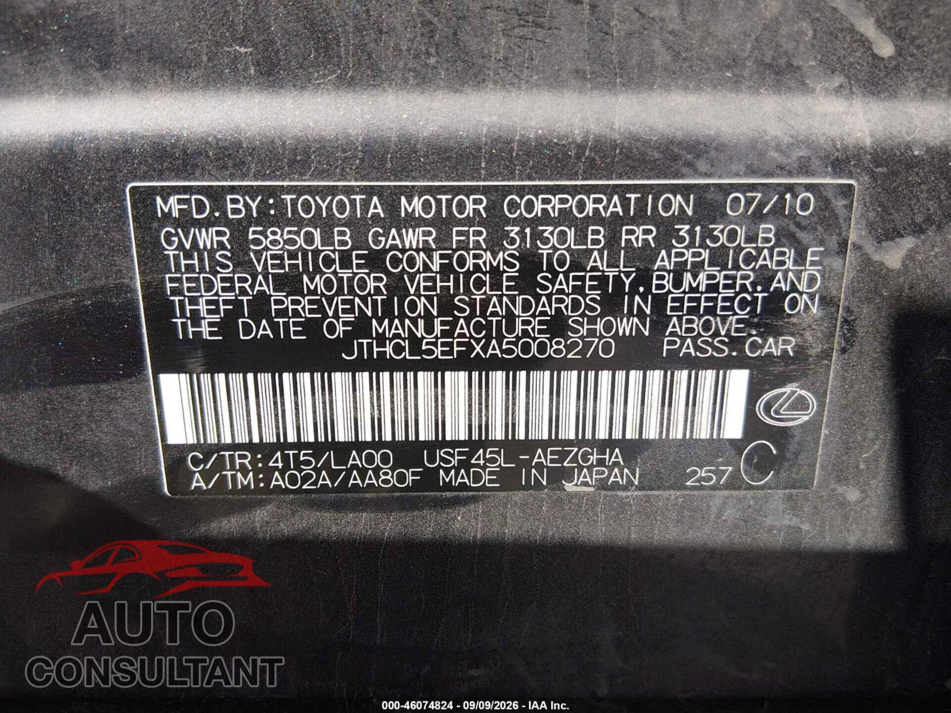 LEXUS LS 460 2010 - JTHCL5EFXA5008270
