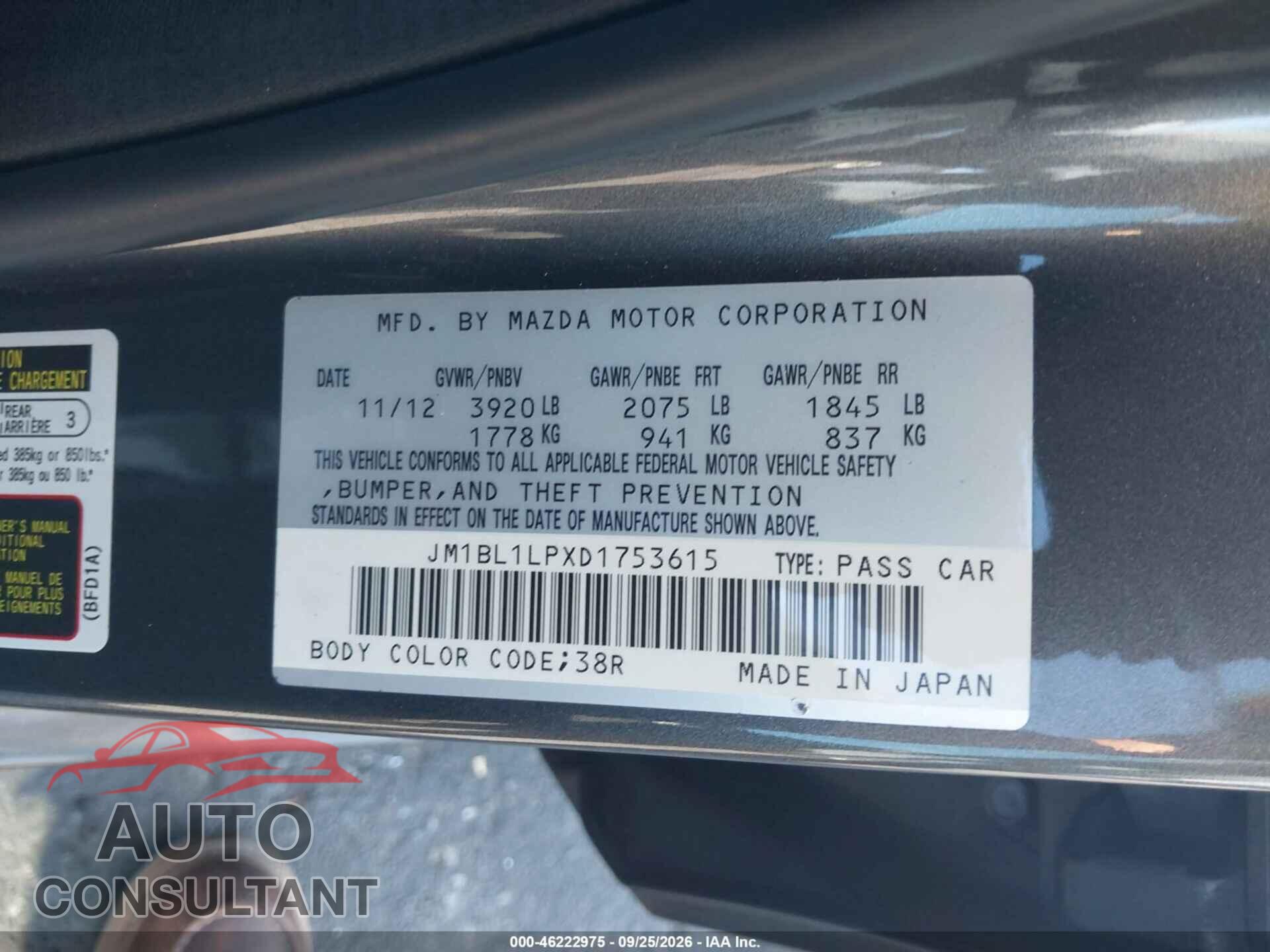 MAZDA MAZDA3 2013 - JM1BL1LPXD1753615