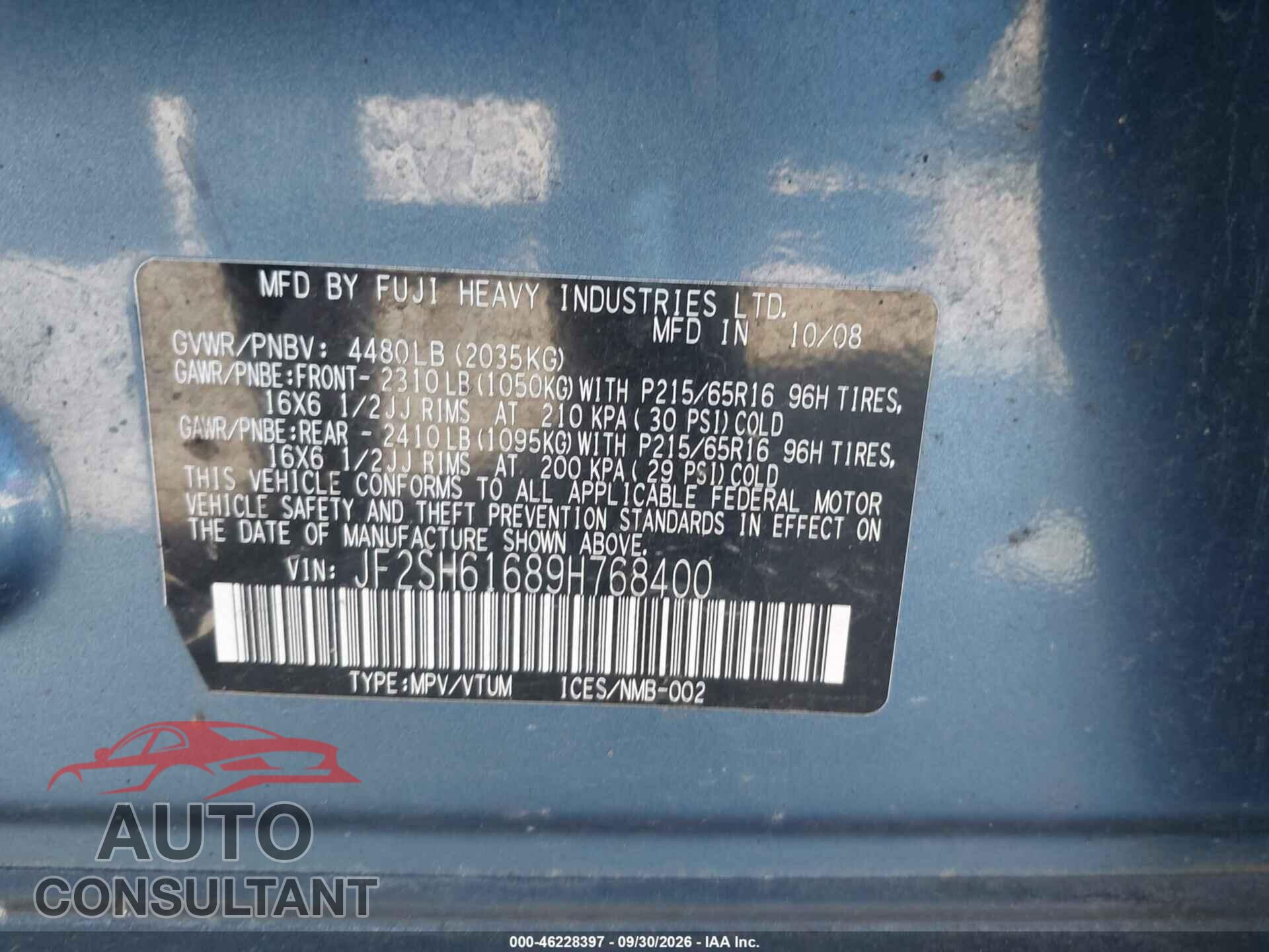 SUBARU FORESTER 2009 - JF2SH61689H768400