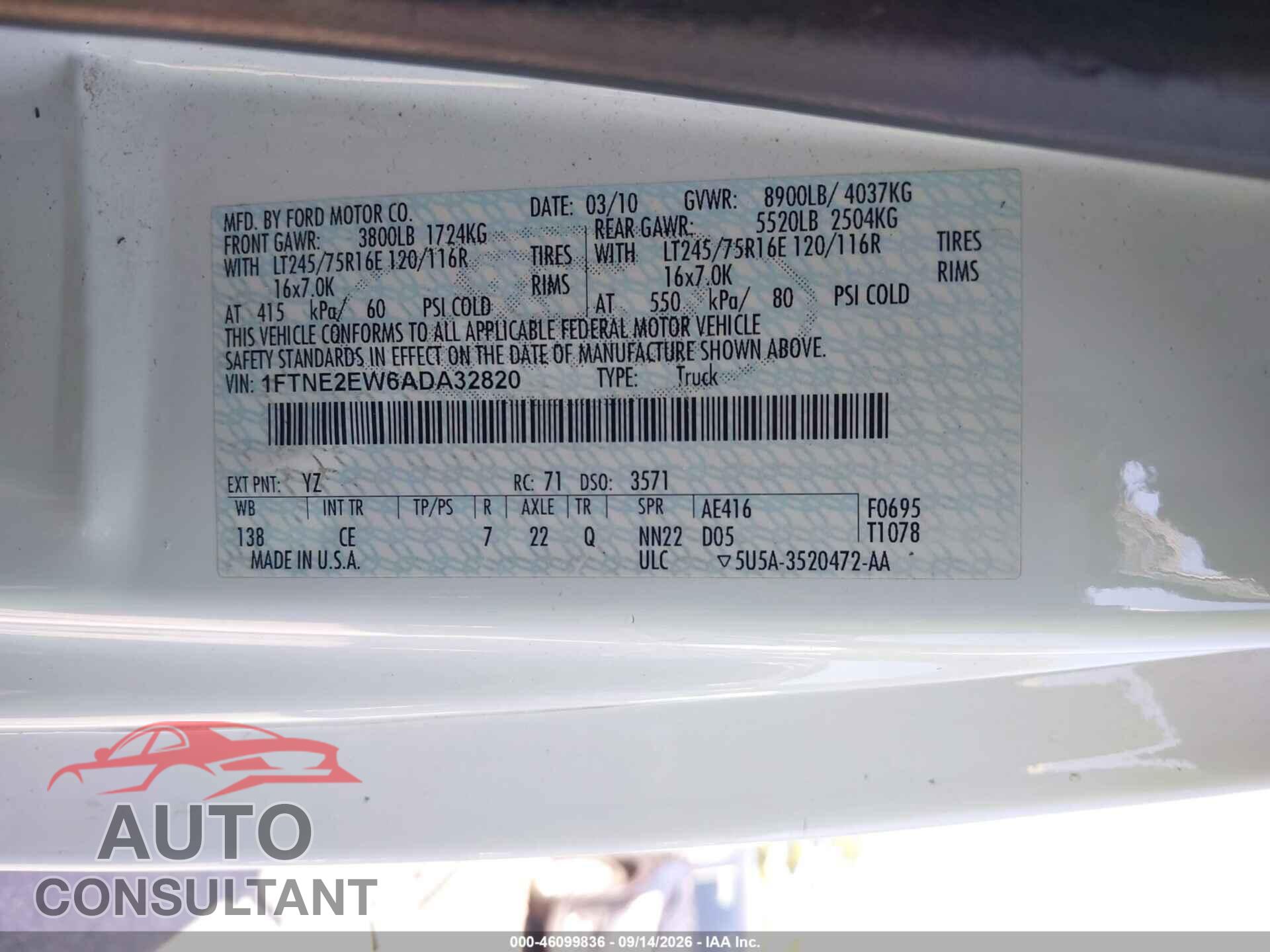 FORD E-250 2010 - 1FTNE2EW6ADA32820
