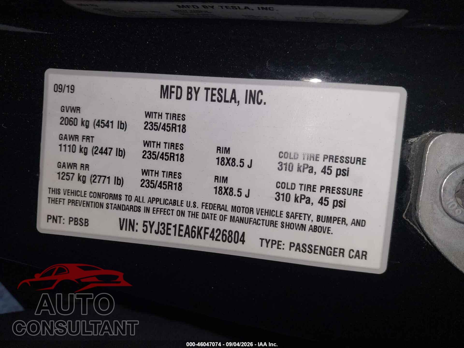 TESLA MODEL 3 2019 - 5YJ3E1EA6KF426804