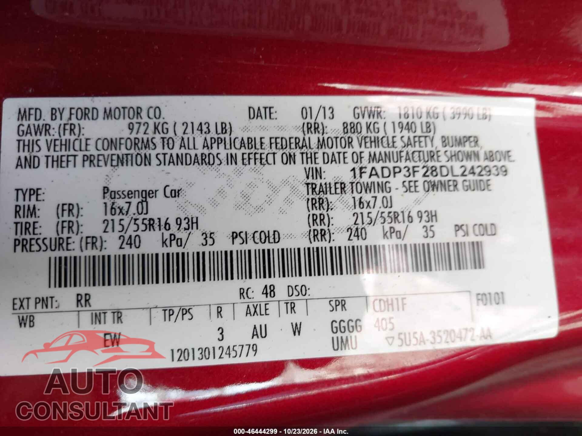 FORD FOCUS 2013 - 1FADP3F28DL242939