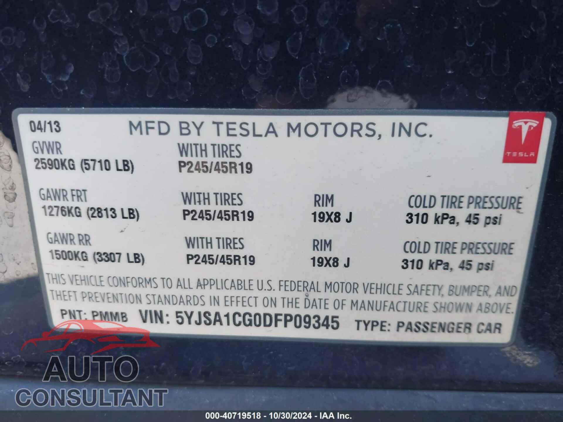 TESLA MODEL S 2013 - 5YJSA1CG0DFP09345