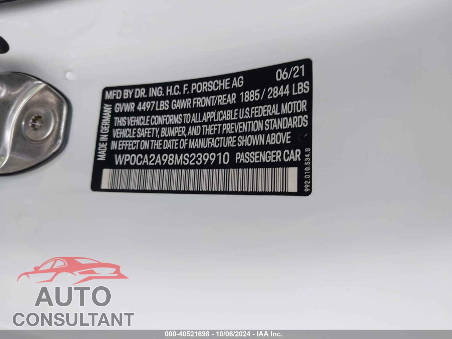 PORSCHE 911 2021 - WP0CA2A98MS239910