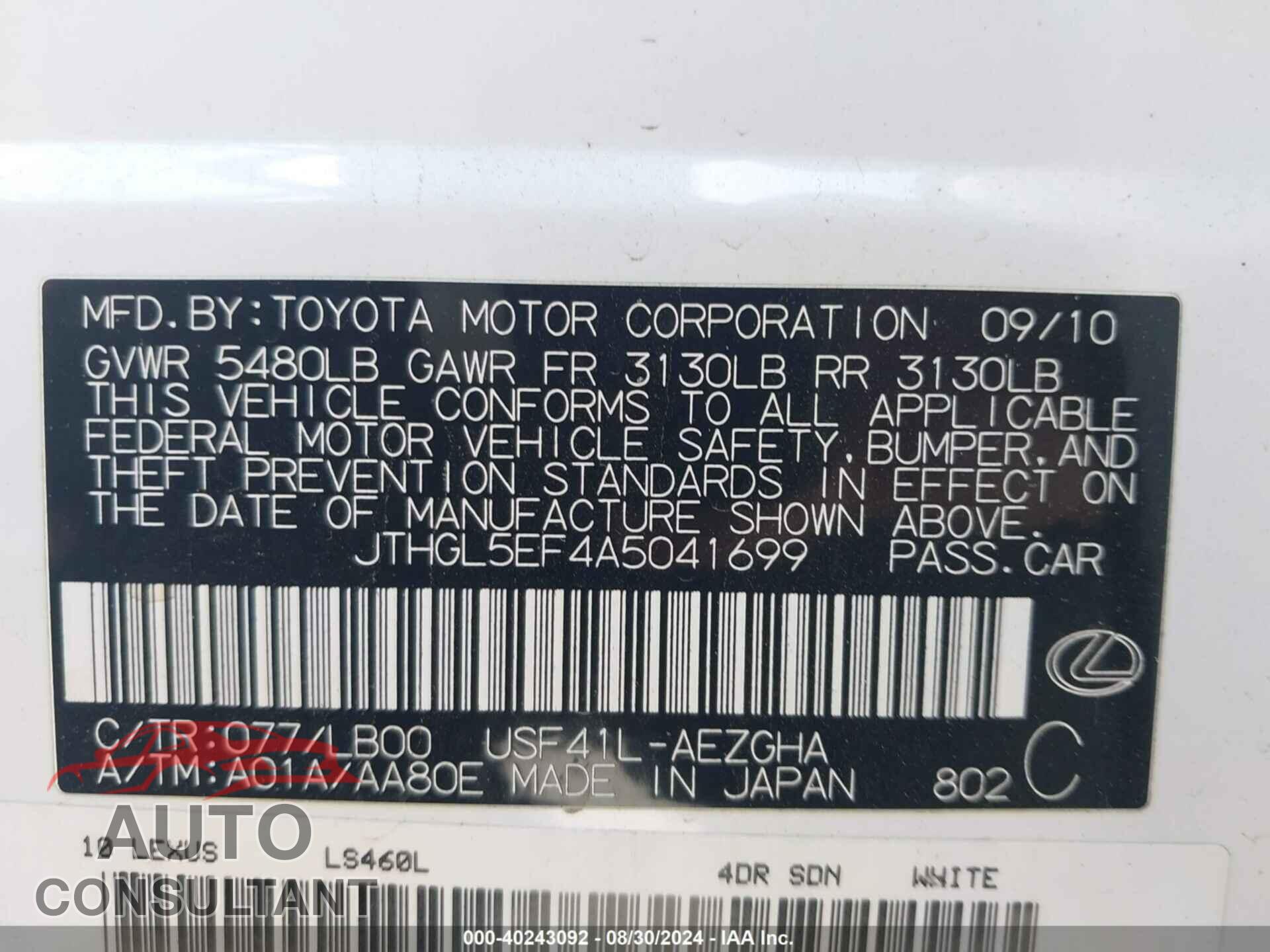 LEXUS LS 460 2010 - JTHGL5EF4A5041699