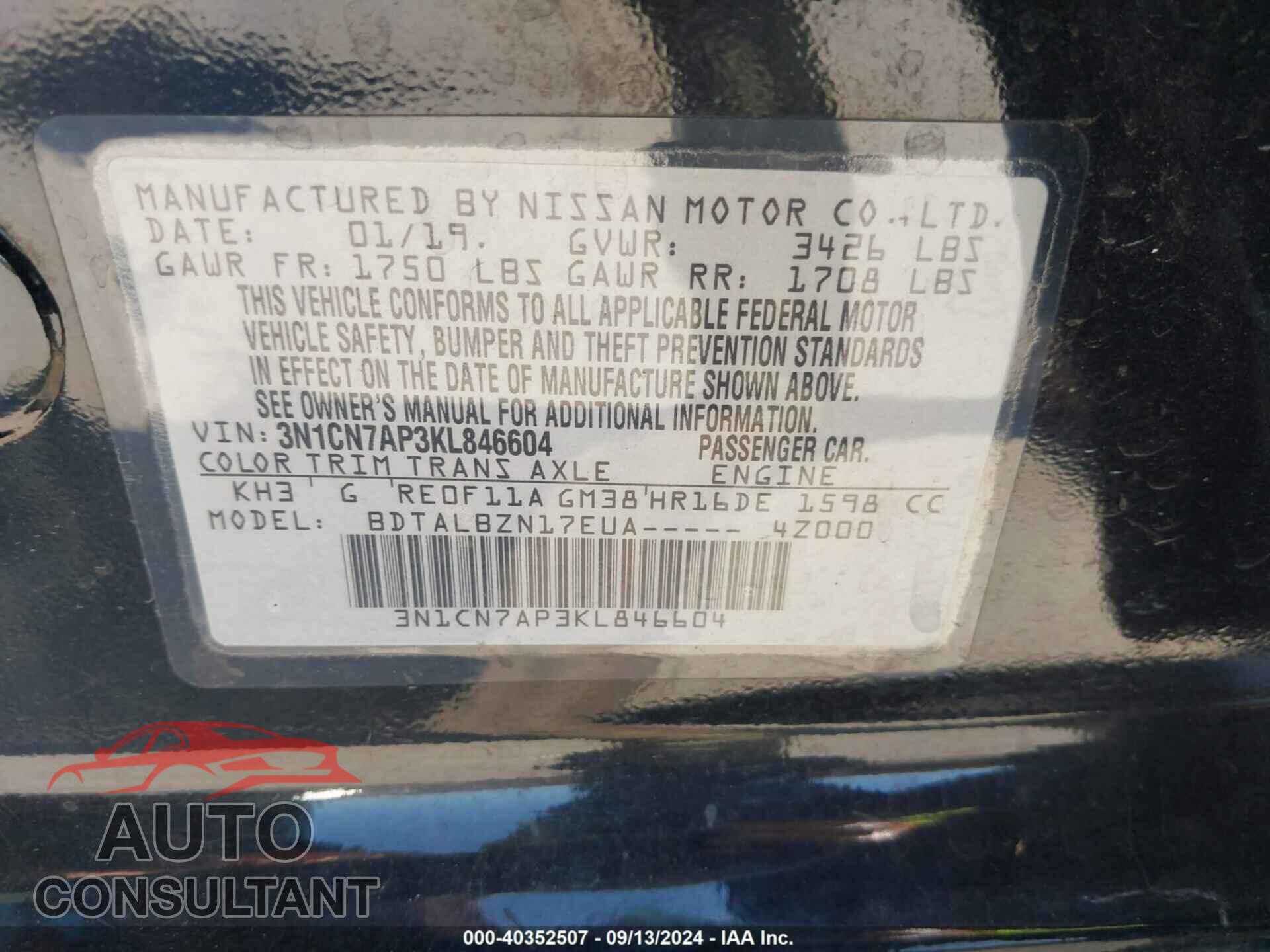 NISSAN VERSA 2019 - 3N1CN7AP3KL846604