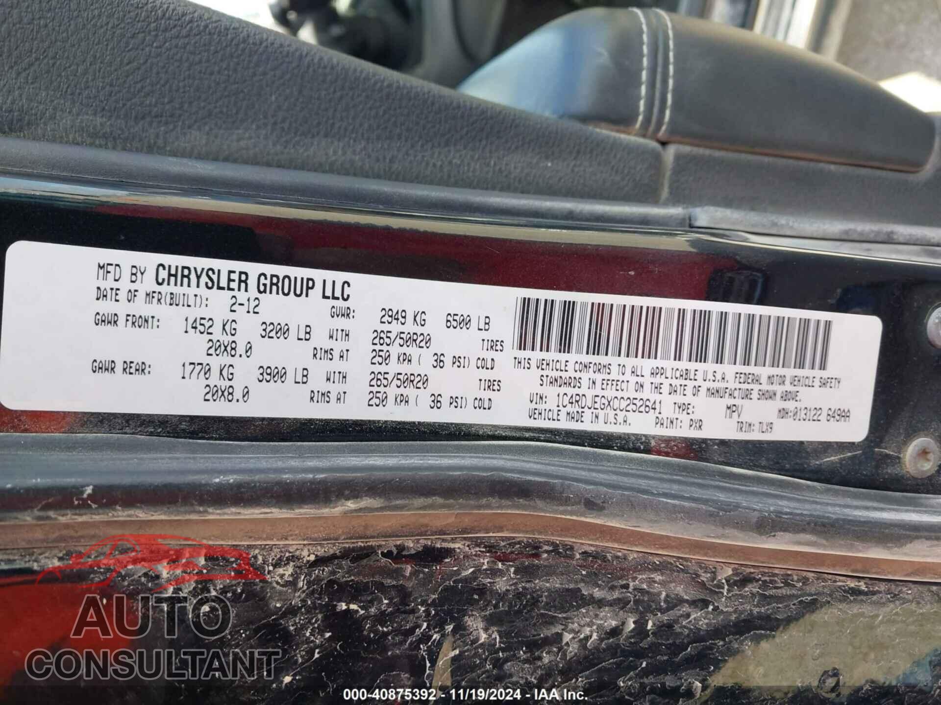 DODGE DURANGO 2012 - 1C4RDJEGXCC252641