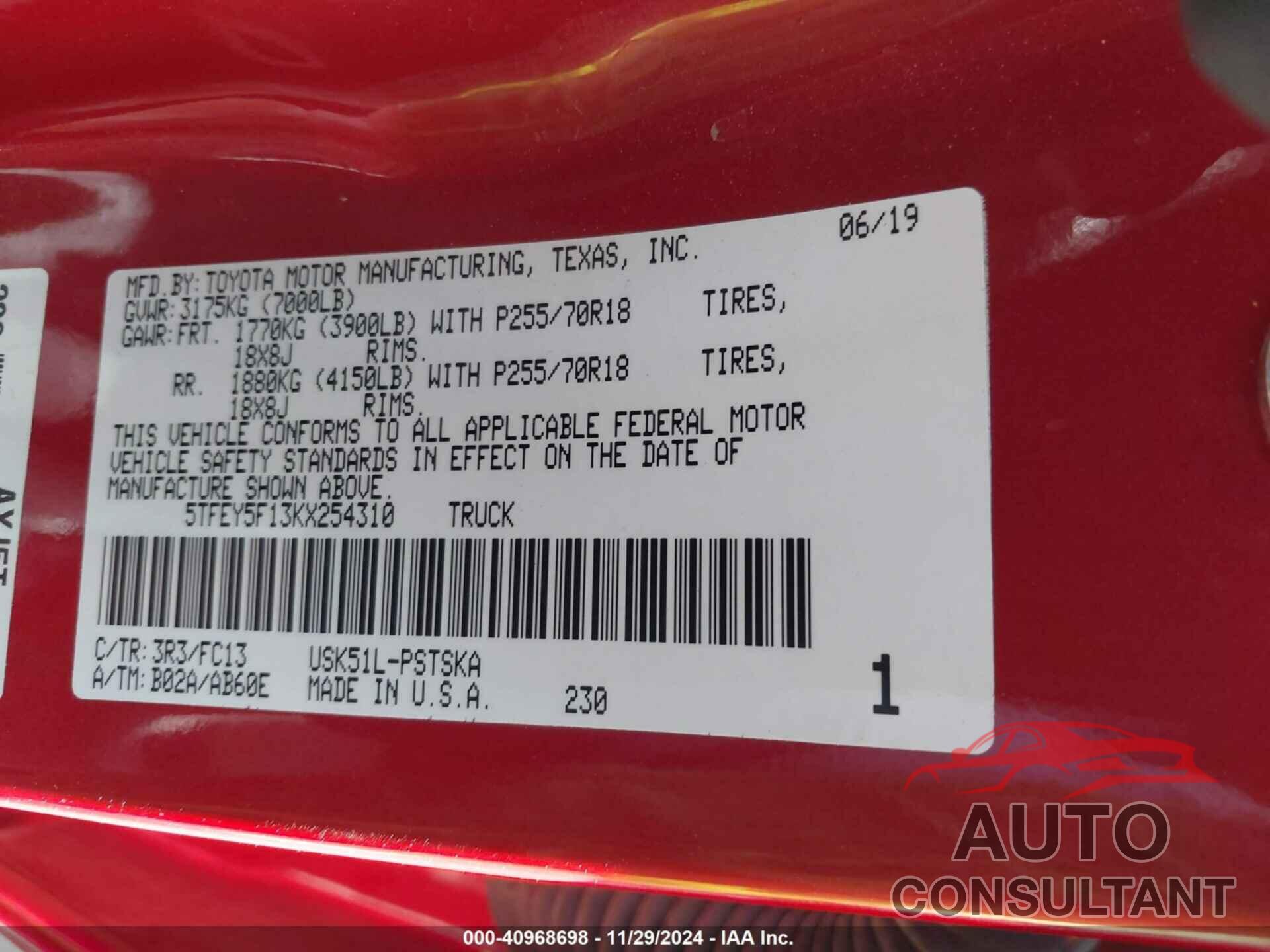 TOYOTA TUNDRA 2019 - 5TFEY5F13KX254310