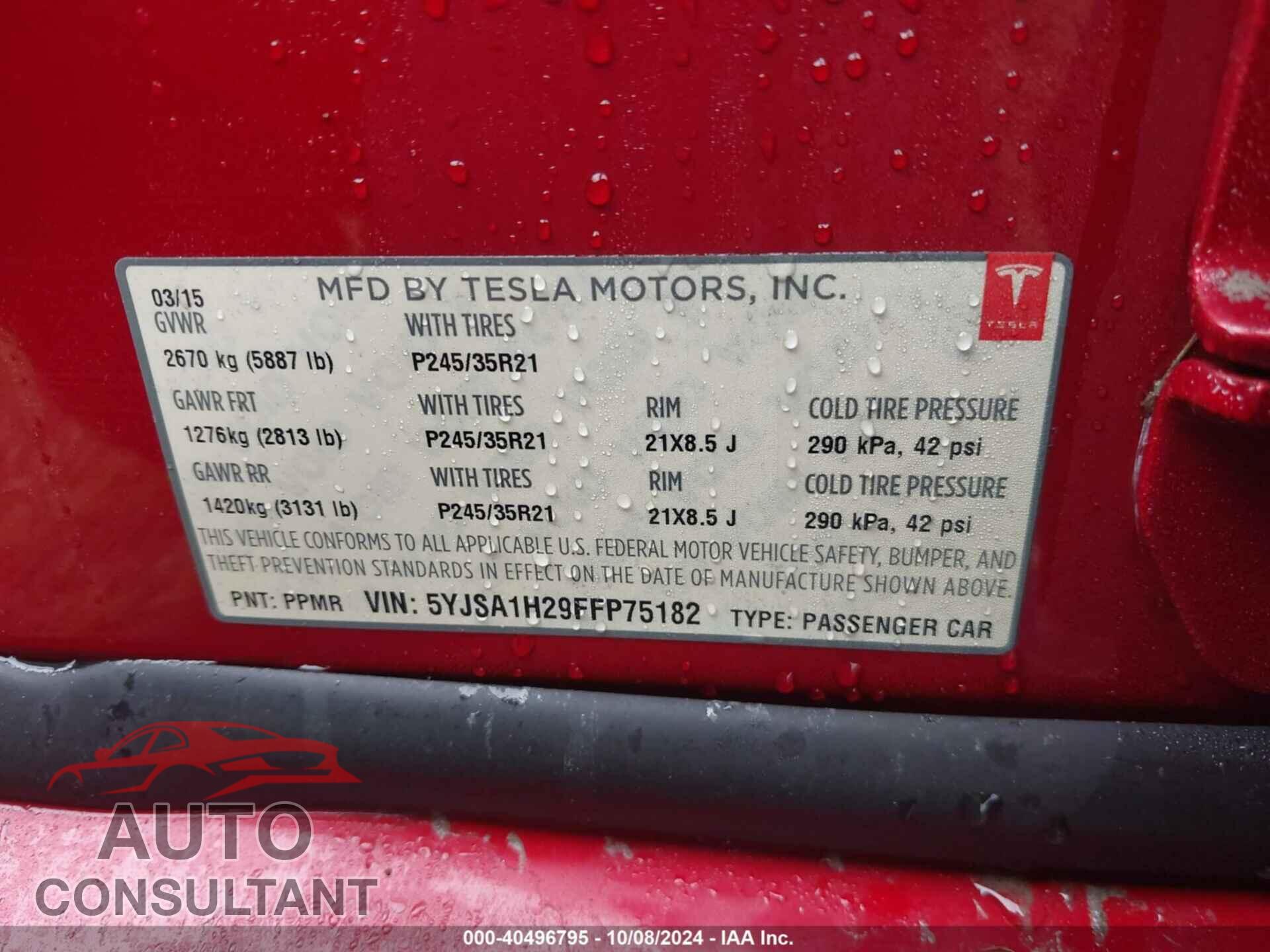 TESLA MODEL S 2015 - 5YJSA1H29FFP75182