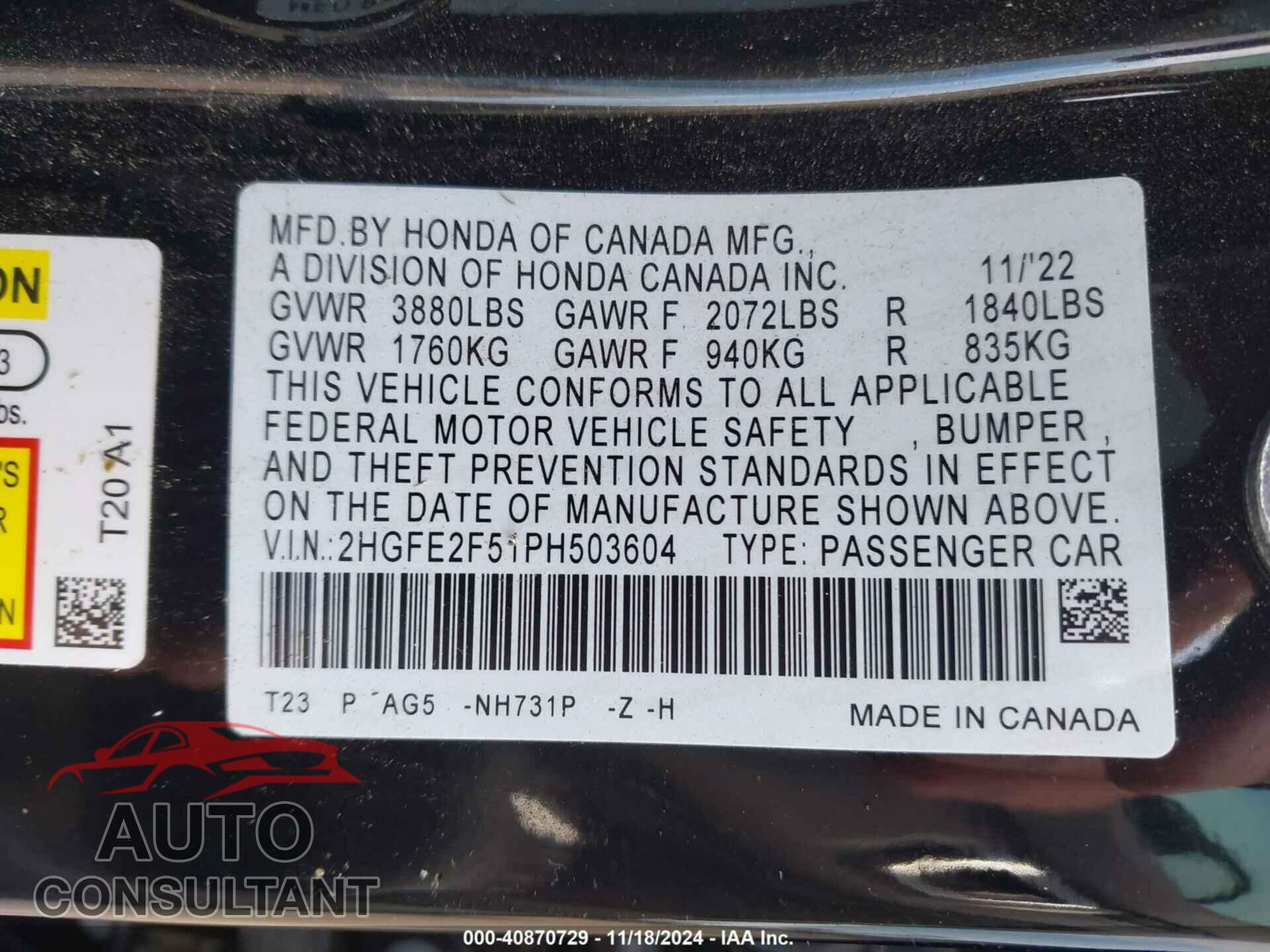 HONDA CIVIC 2023 - 2HGFE2F51PH503604