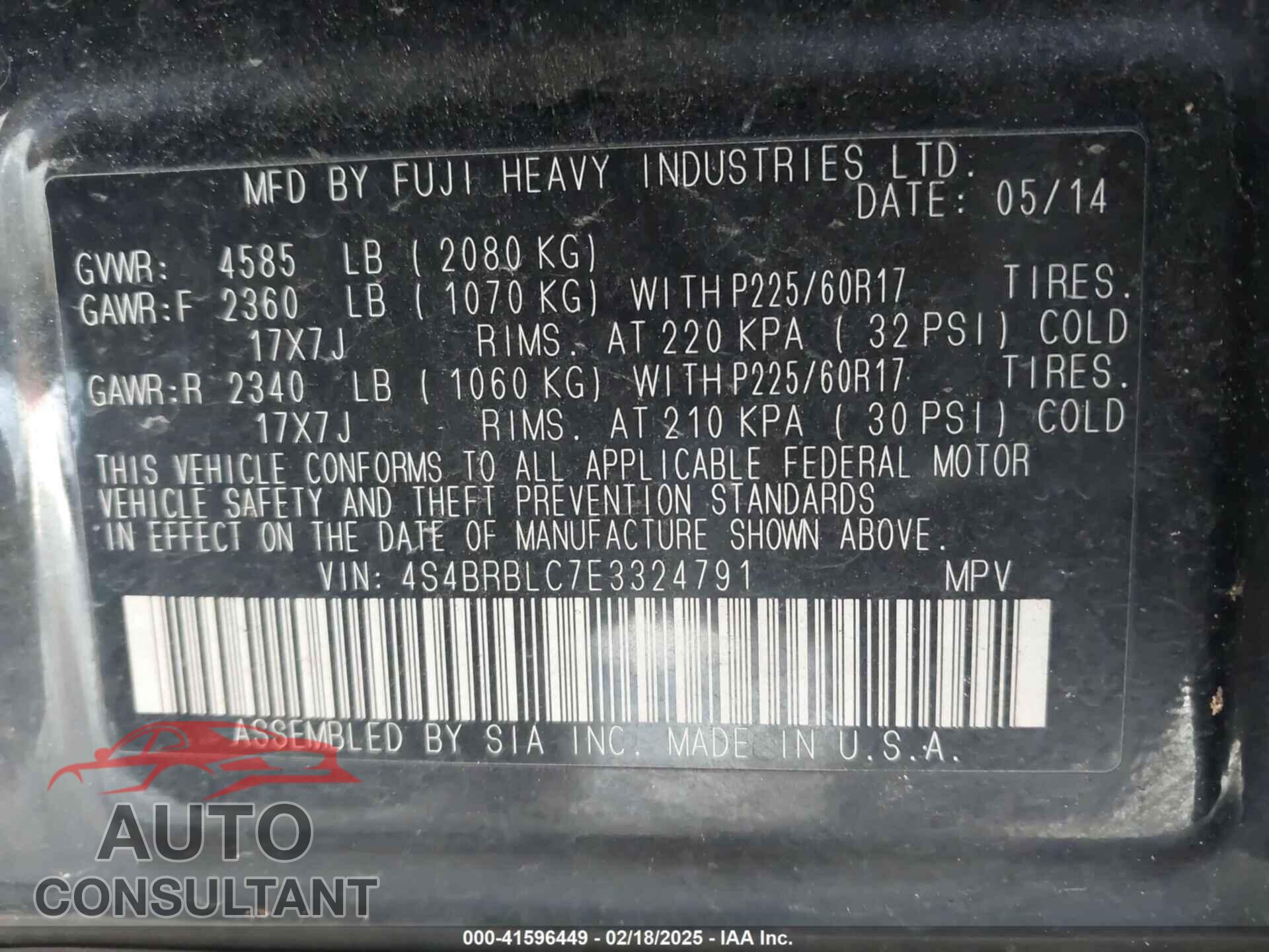 SUBARU OUTBACK 2014 - 4S4BRBLC7E3324791