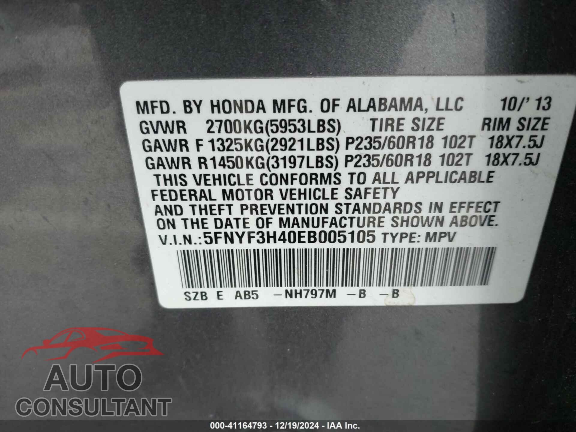 HONDA PILOT 2014 - 5FNYF3H40EB005105
