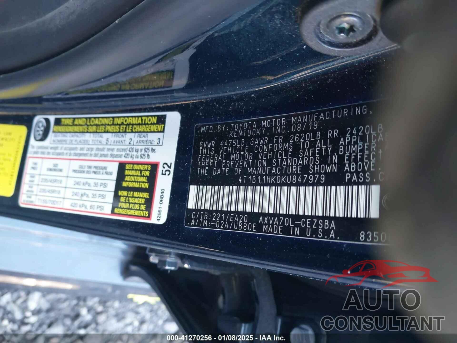 TOYOTA CAMRY 2019 - 4T1B11HK0KU847979