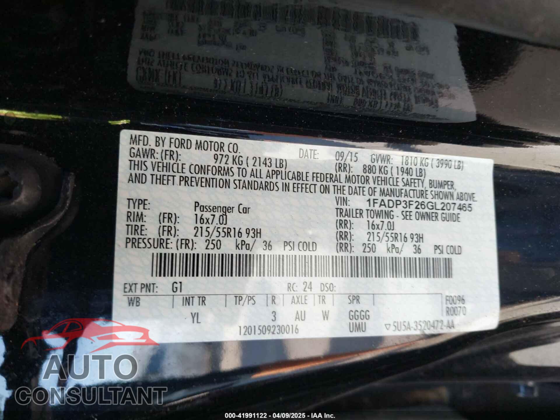 FORD FOCUS 2016 - 1FADP3F26GL207465