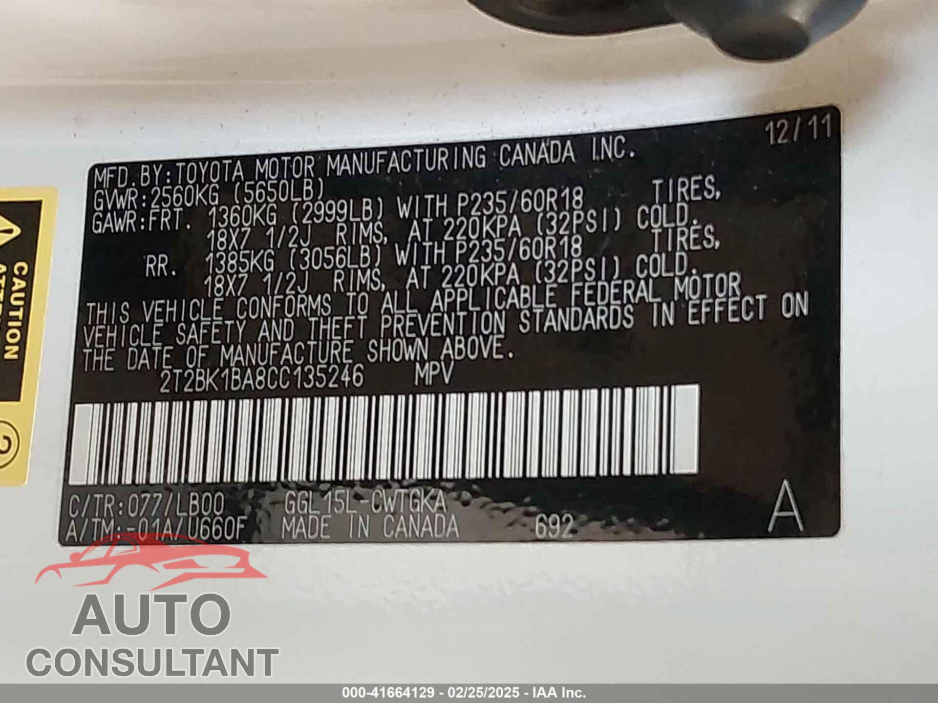 LEXUS RX 350 2012 - 2T2BK1BA8CC135246