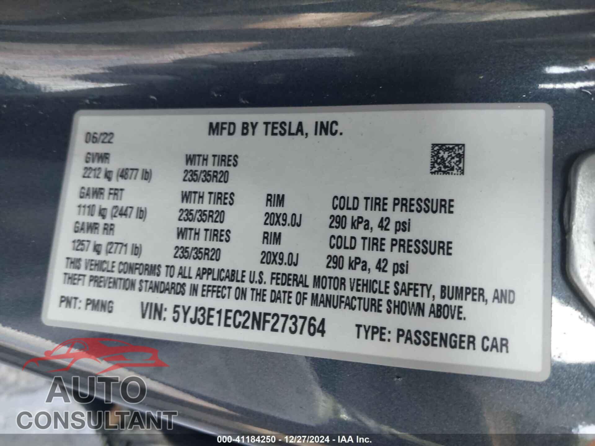 TESLA MODEL 3 2022 - 5YJ3E1EC2NF273764
