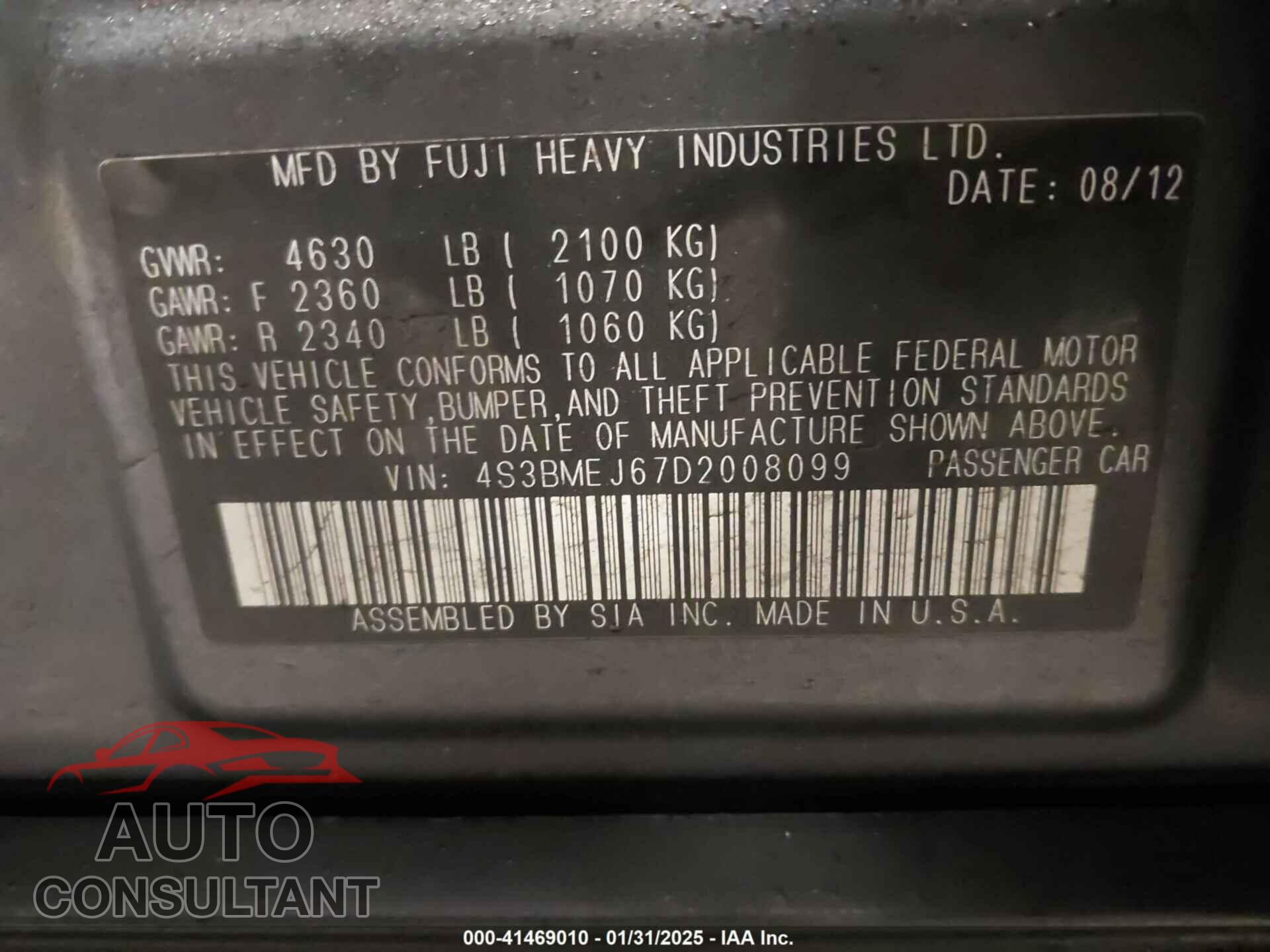 SUBARU LEGACY 2013 - 4S3BMEJ67D2008099