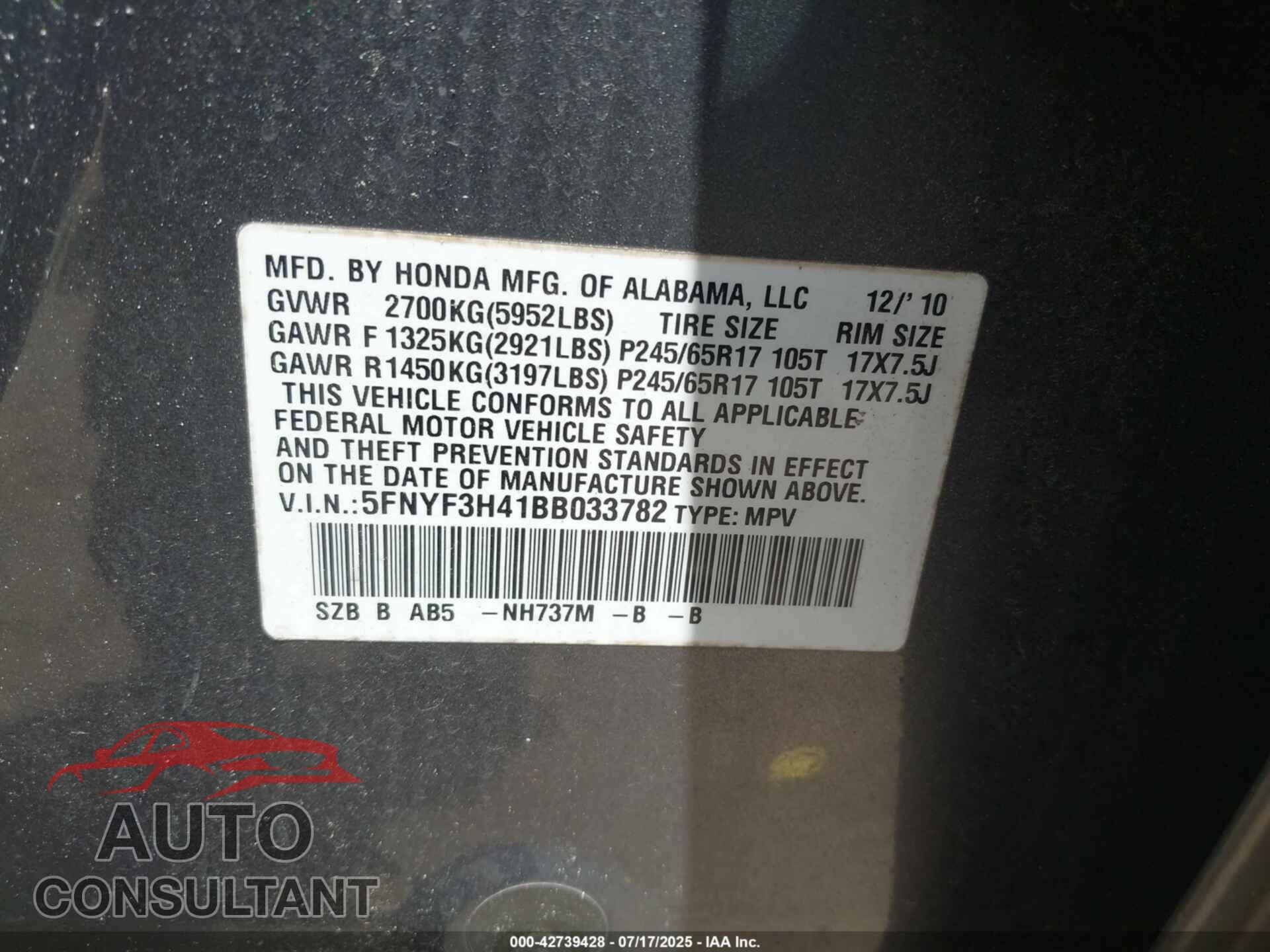 HONDA PILOT 2011 - 5FNYF3H41BB033782