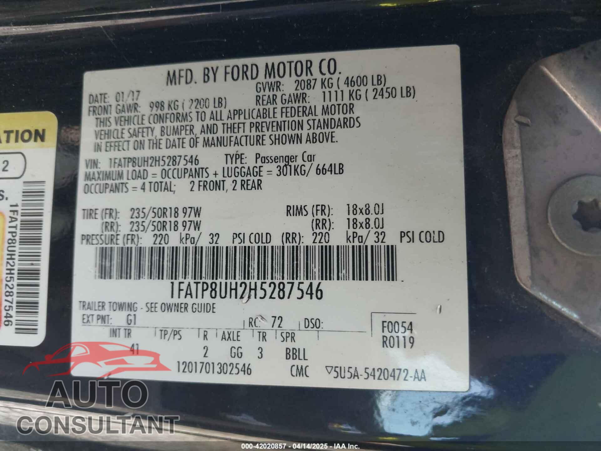 FORD MUSTANG 2017 - 1FATP8UH2H5287546
