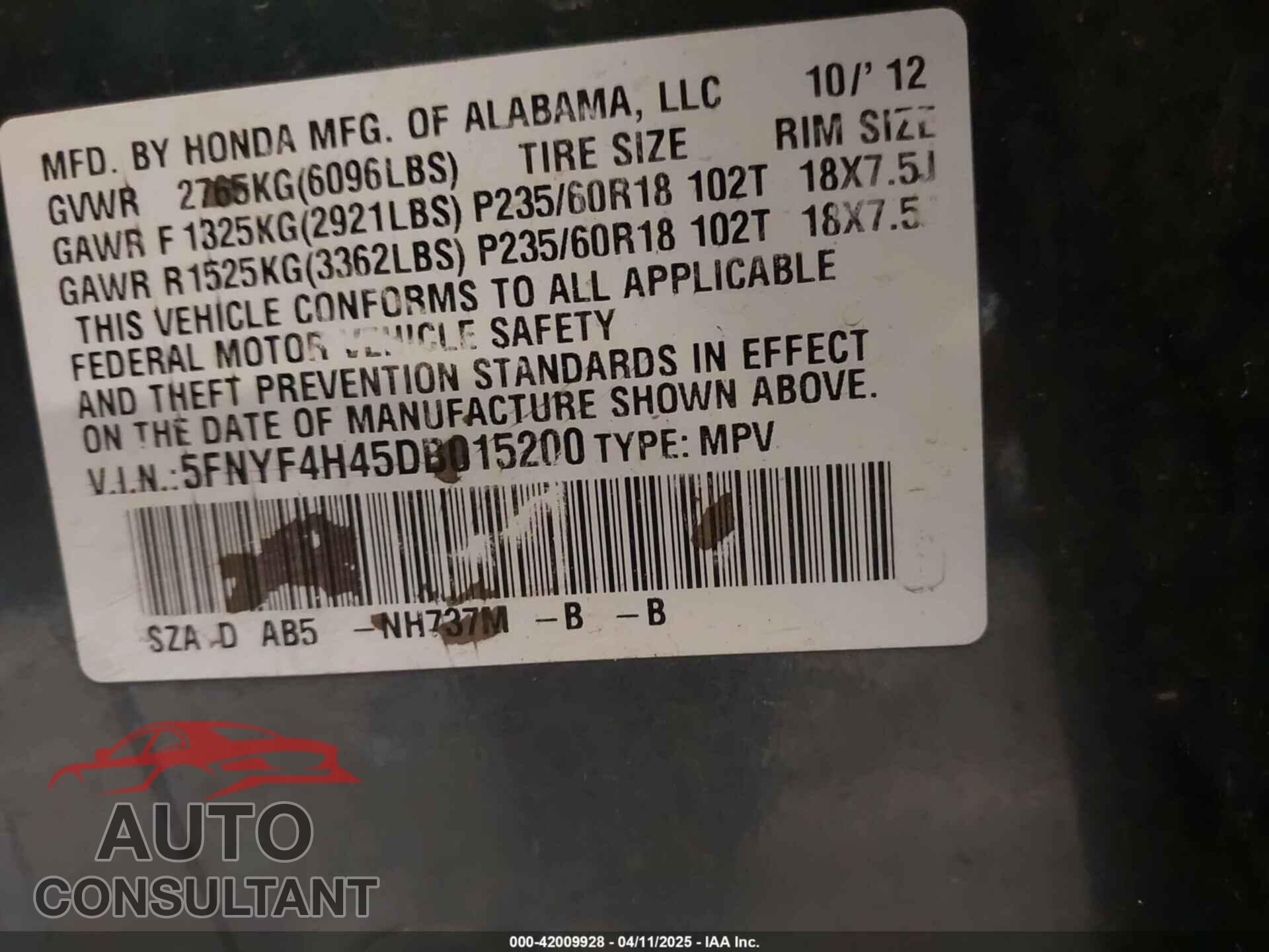 HONDA PILOT 2013 - 5FNYF4H45DB015200