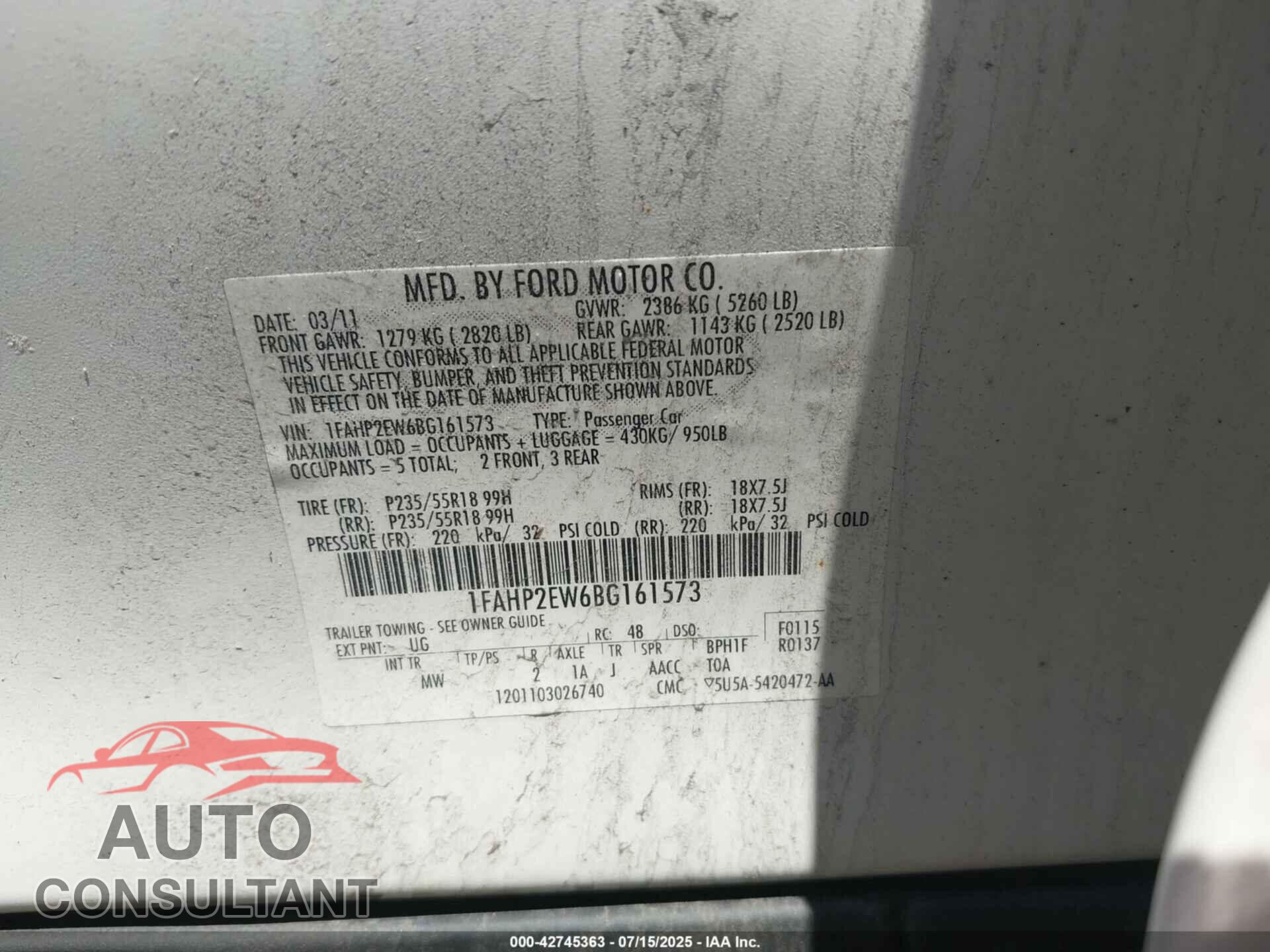 FORD TAURUS 2011 - 1FAHP2EW6BG161573