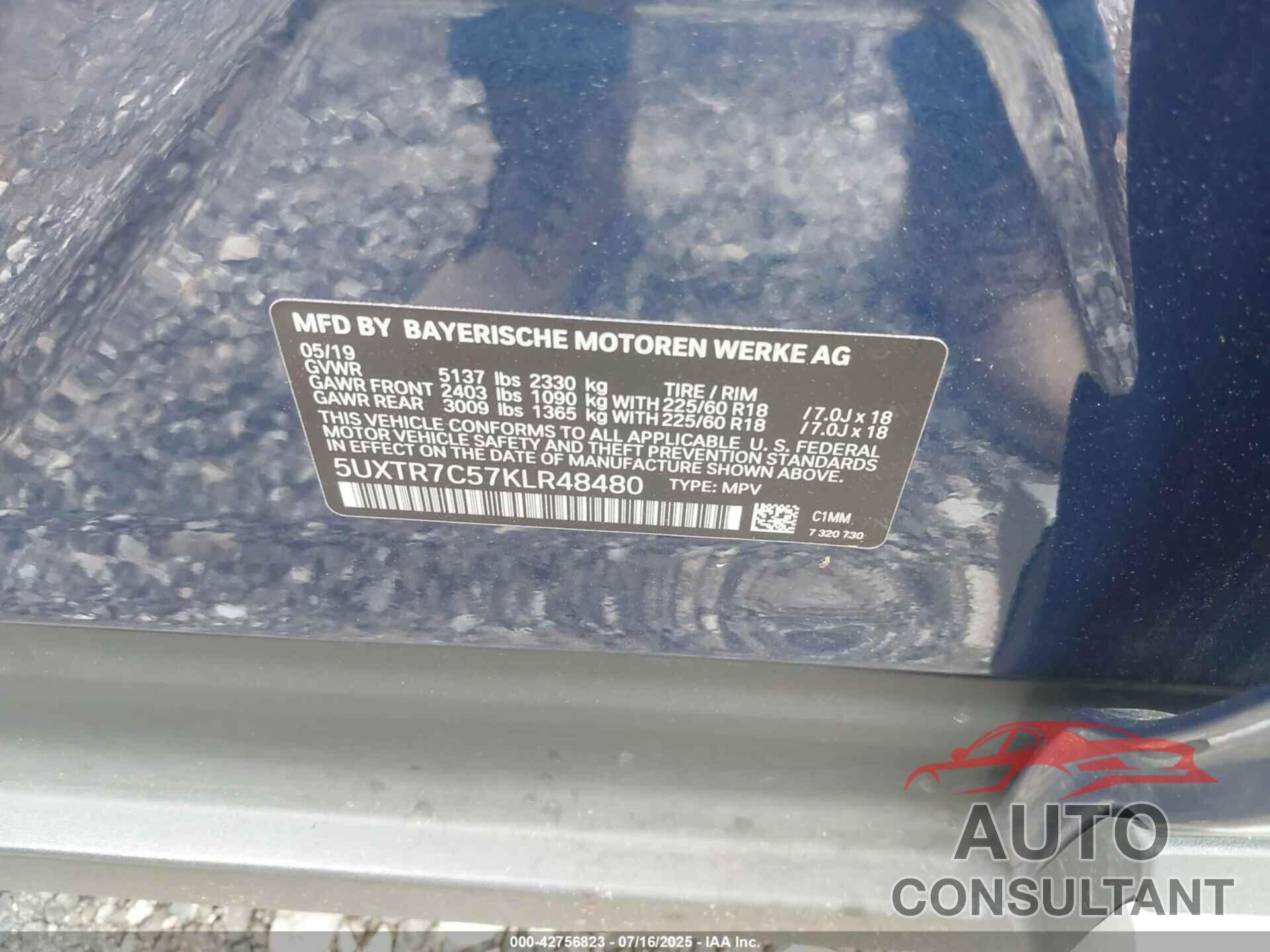 BMW X3 2019 - 5UXTR7C57KLR48480