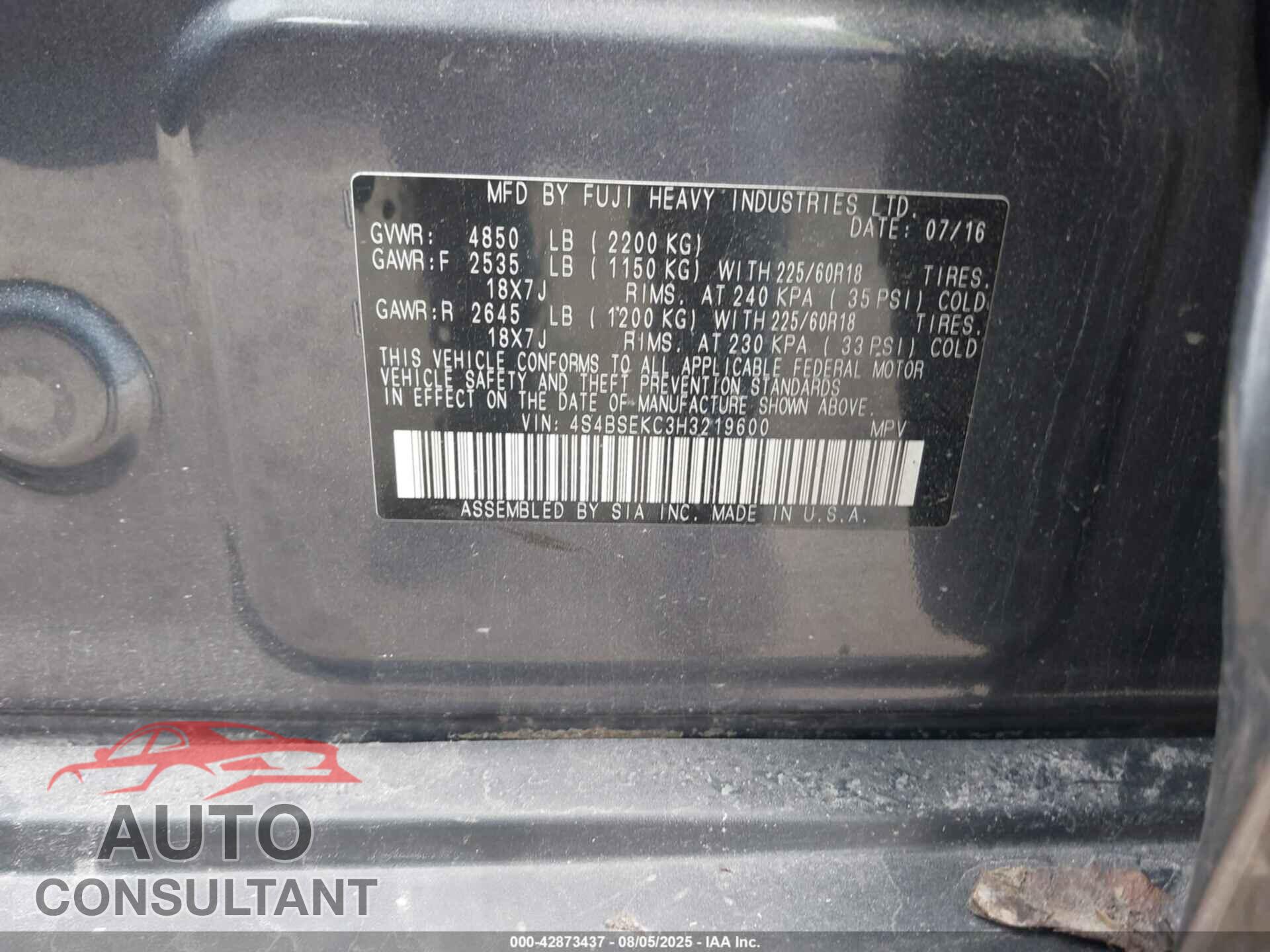 SUBARU OUTBACK 2017 - 4S4BSEKC3H3219600